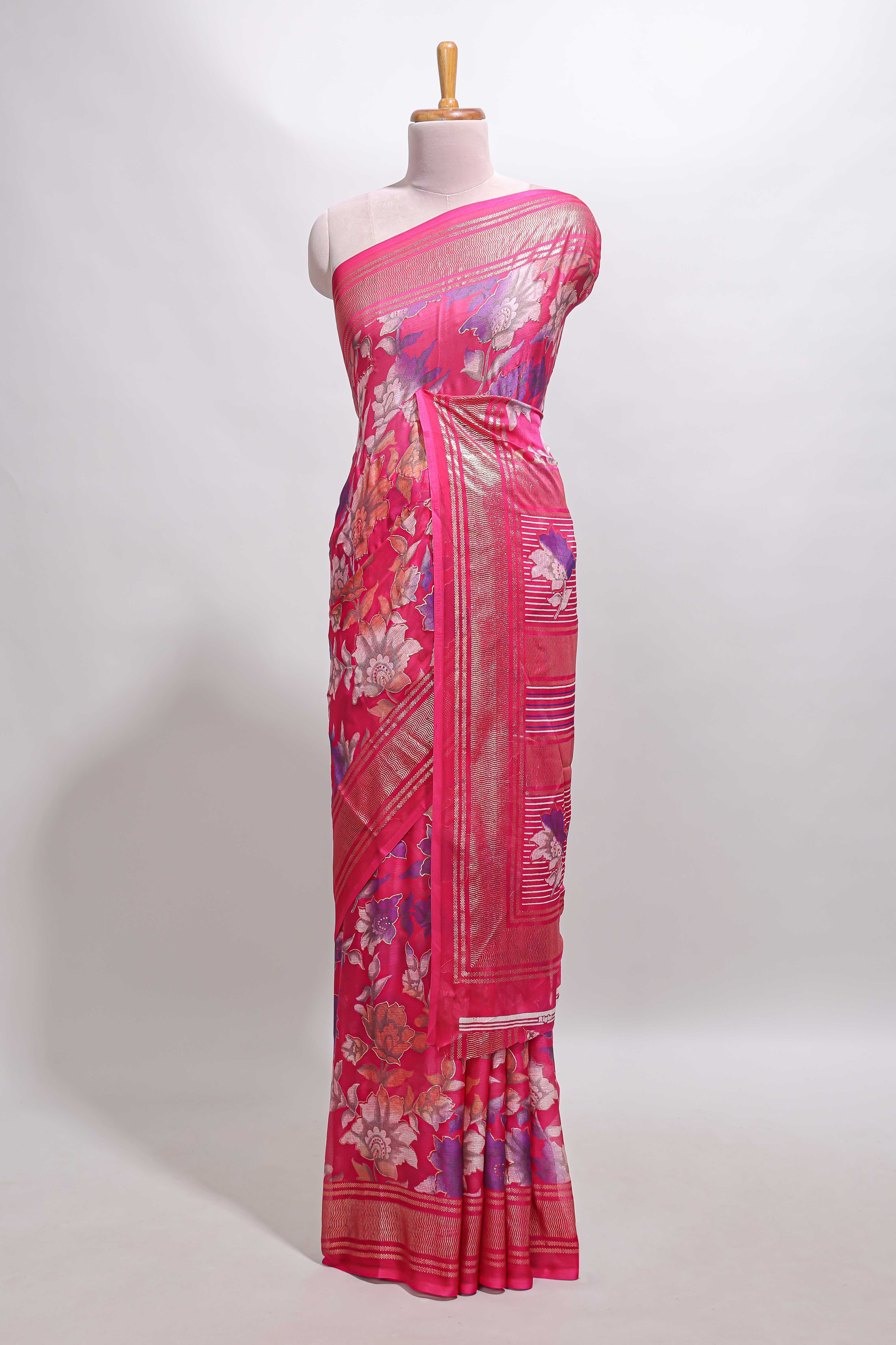 Pink floral design chiffon saree with self border and matching blouse