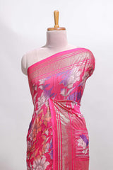 Pink floral design chiffon saree with self border and matching blouse