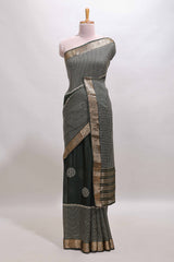 Black checked floral motifs chiffon saree with self zari border and contrast blouse