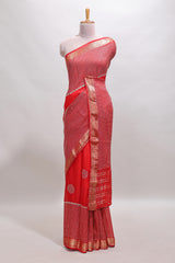 Red checked floral motifs chiffon saree with self zari border and contrast blouse