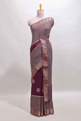Purple checked floral motifs chiffon saree with self zari border and contrast blouse
