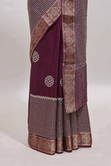 Purple checked floral motifs chiffon saree with self zari border and contrast blouse