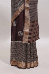 Brown checked floral motifs chiffon saree with self zari border and contrast blouse
