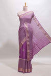 Lavender checked floral motifs chiffon saree with self zari border and contrast blouse