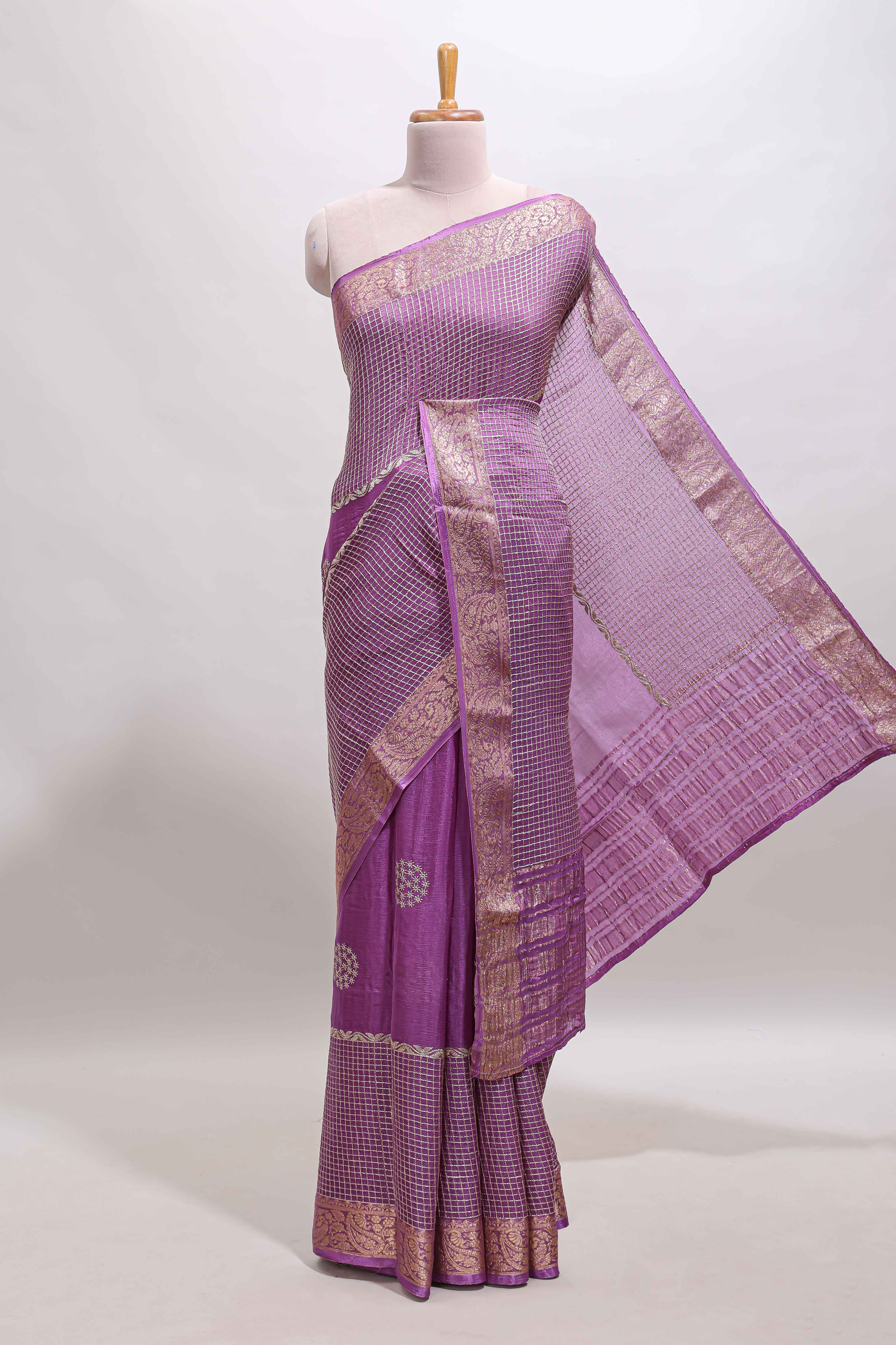 Lavender checked floral motifs chiffon saree with self zari border and contrast blouse