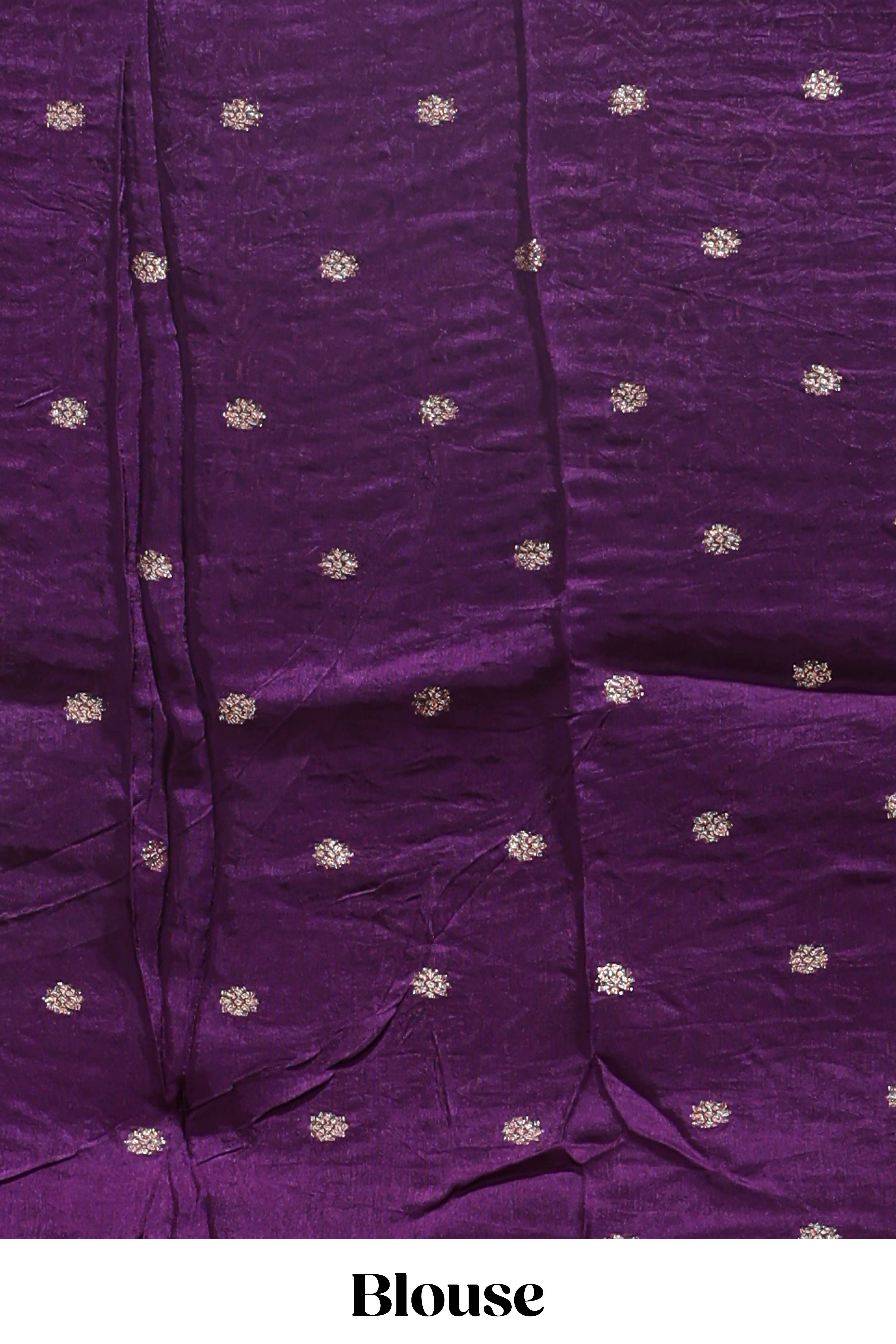 Lavender checked floral motifs chiffon saree with self zari border and contrast blouse