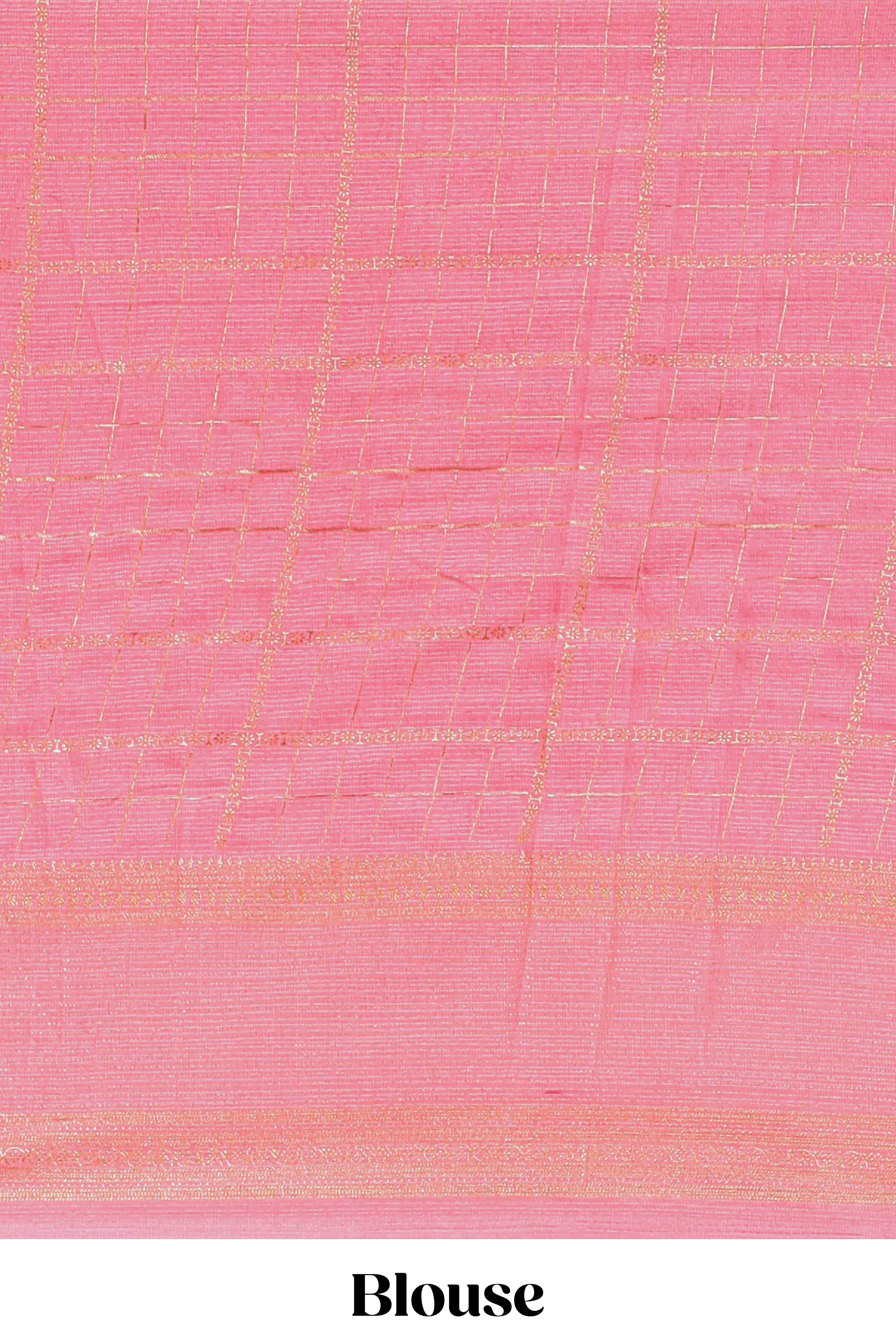 Rani pink checked floral motifs chiffon saree with self zari border and contrast blouse