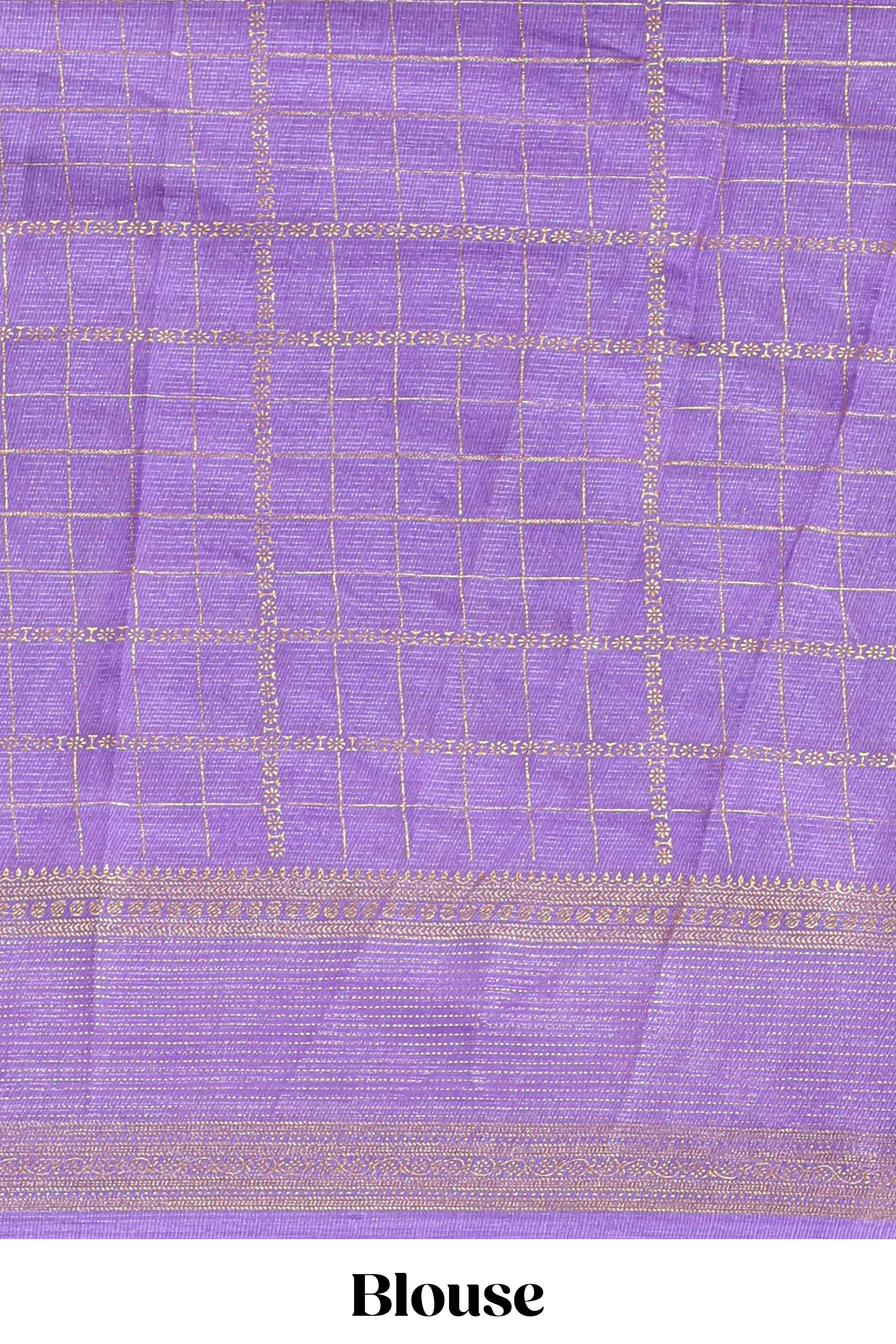 Purple checked floral motifs chiffon saree with self zari border and contrast pallu and blouse