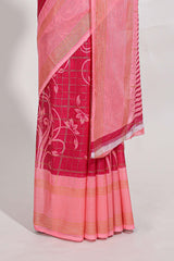 Rani pink checked floral motifs chiffon saree with self zari border and contrast blouse