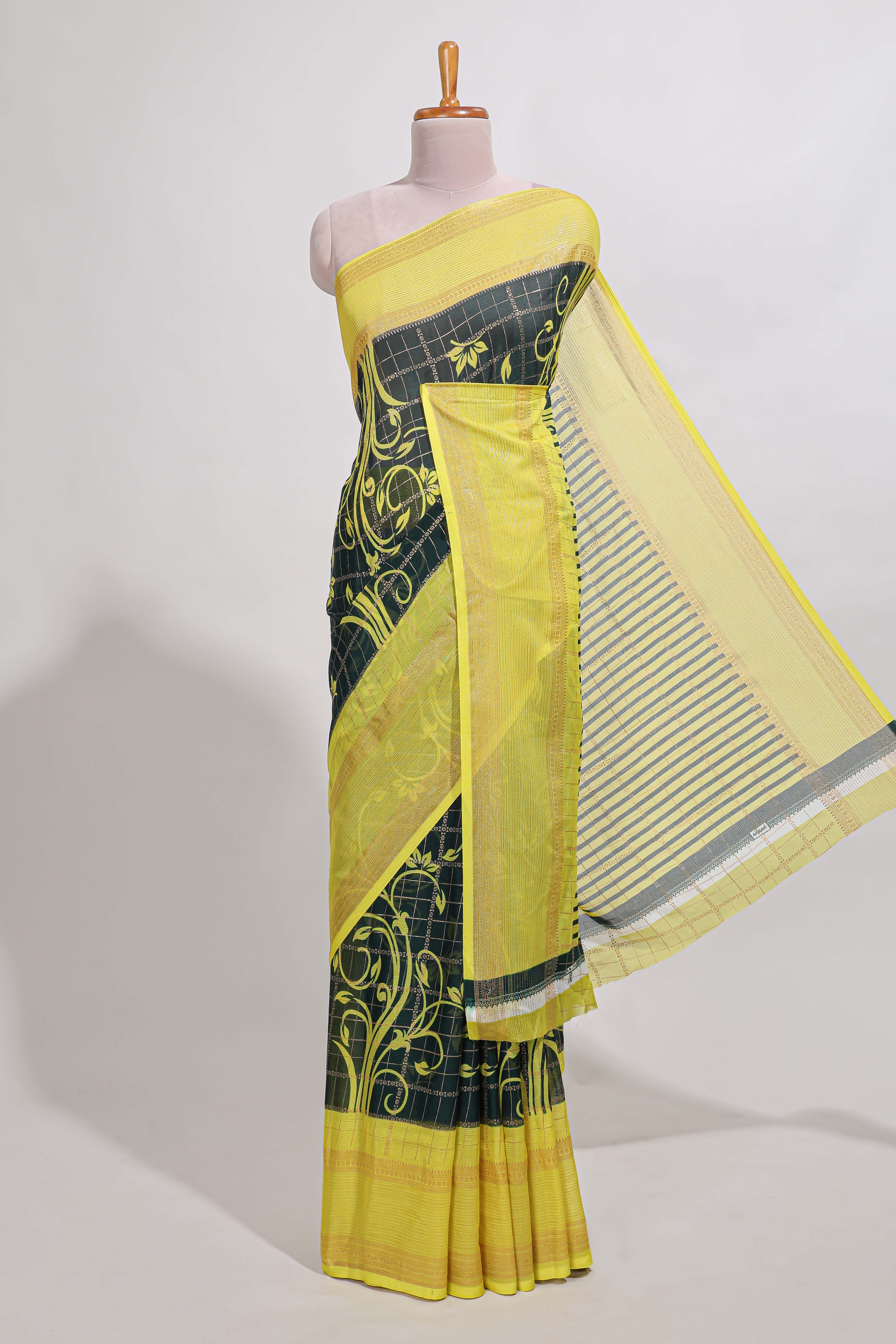 Green checked floral motifs chiffon saree with self zari border and contrast blouse
