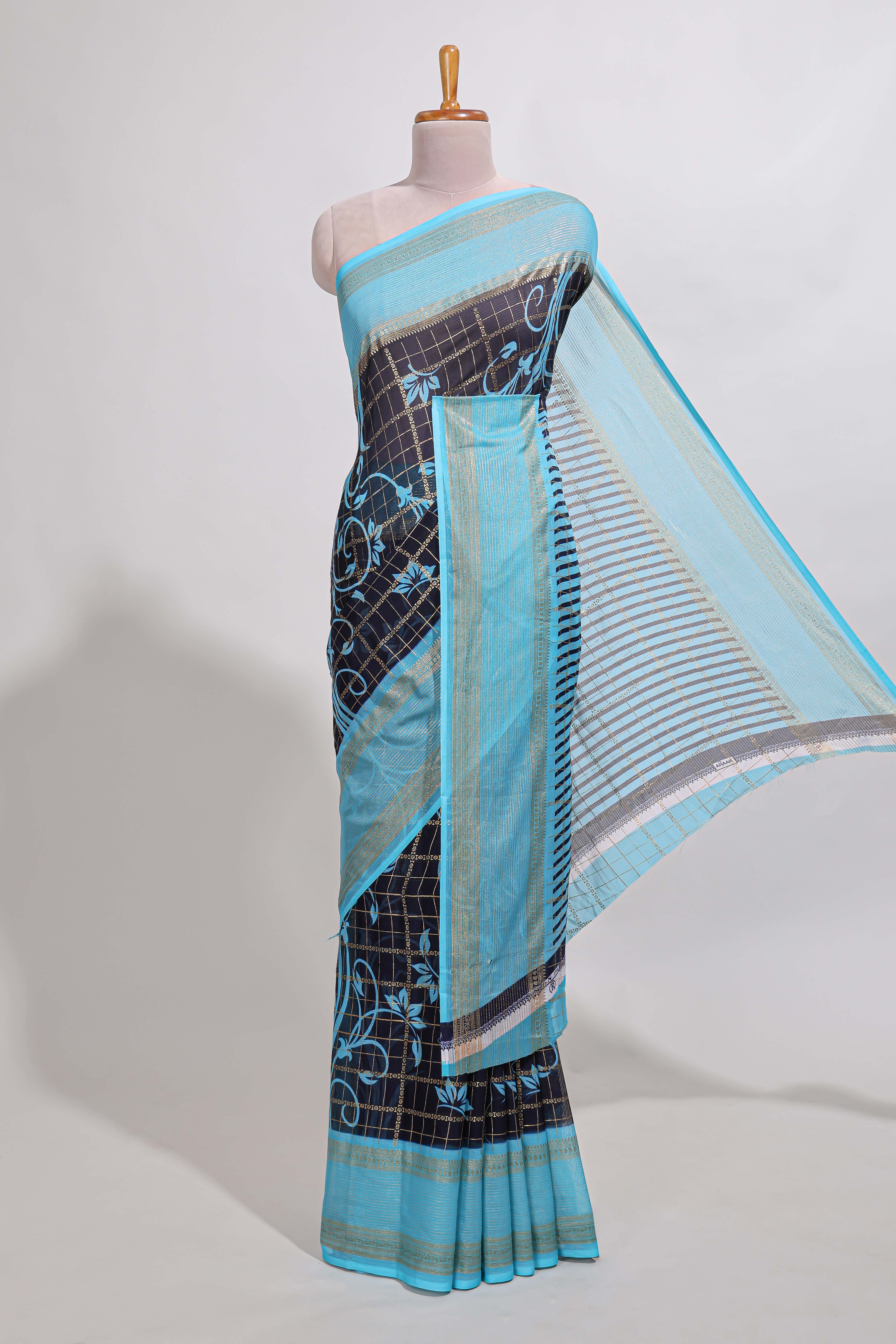 Navy blue checked floral motifs chiffon saree with self zari border and contrast blouse