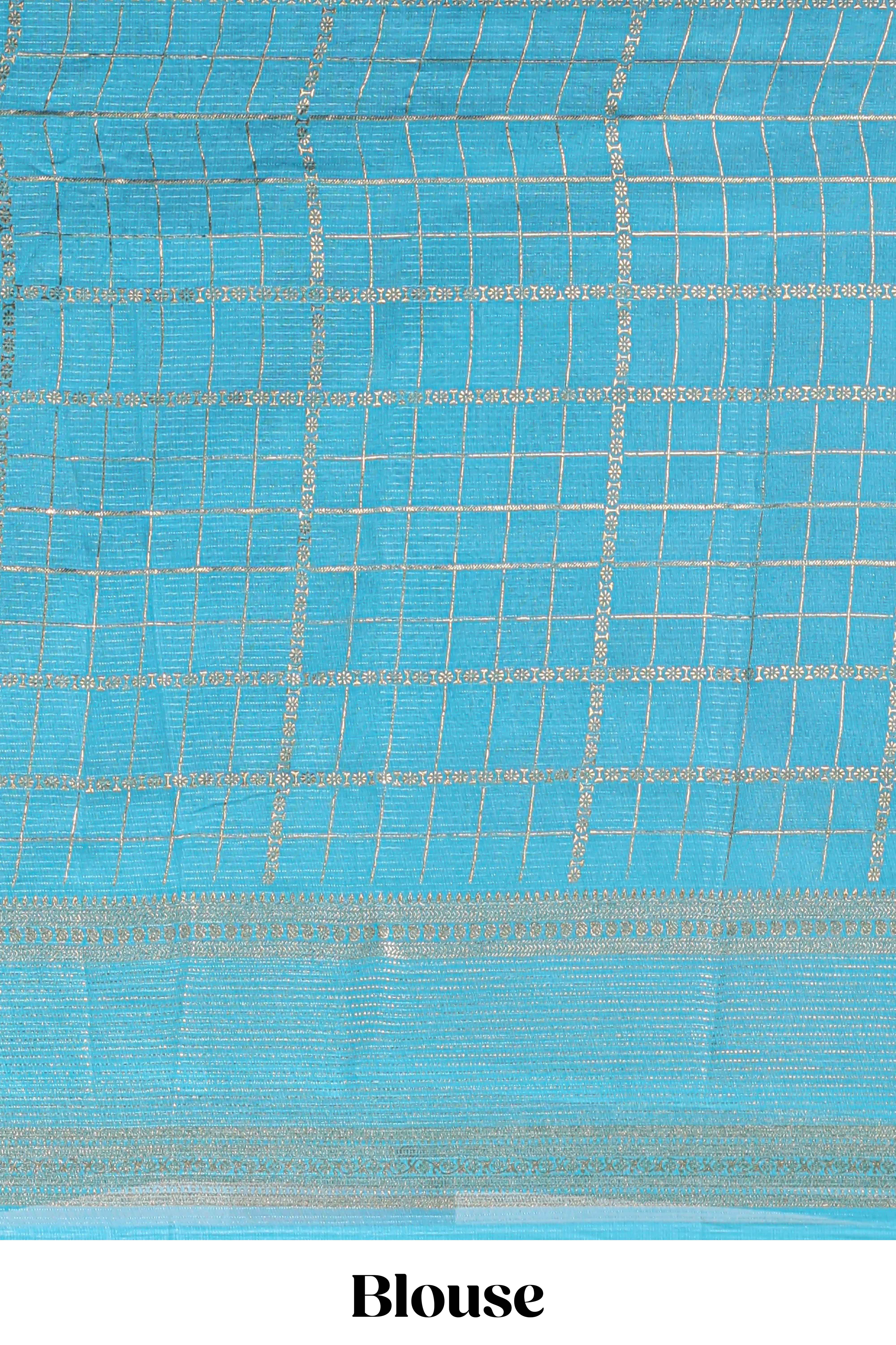 Navy blue checked floral motifs chiffon saree with self zari border and contrast blouse