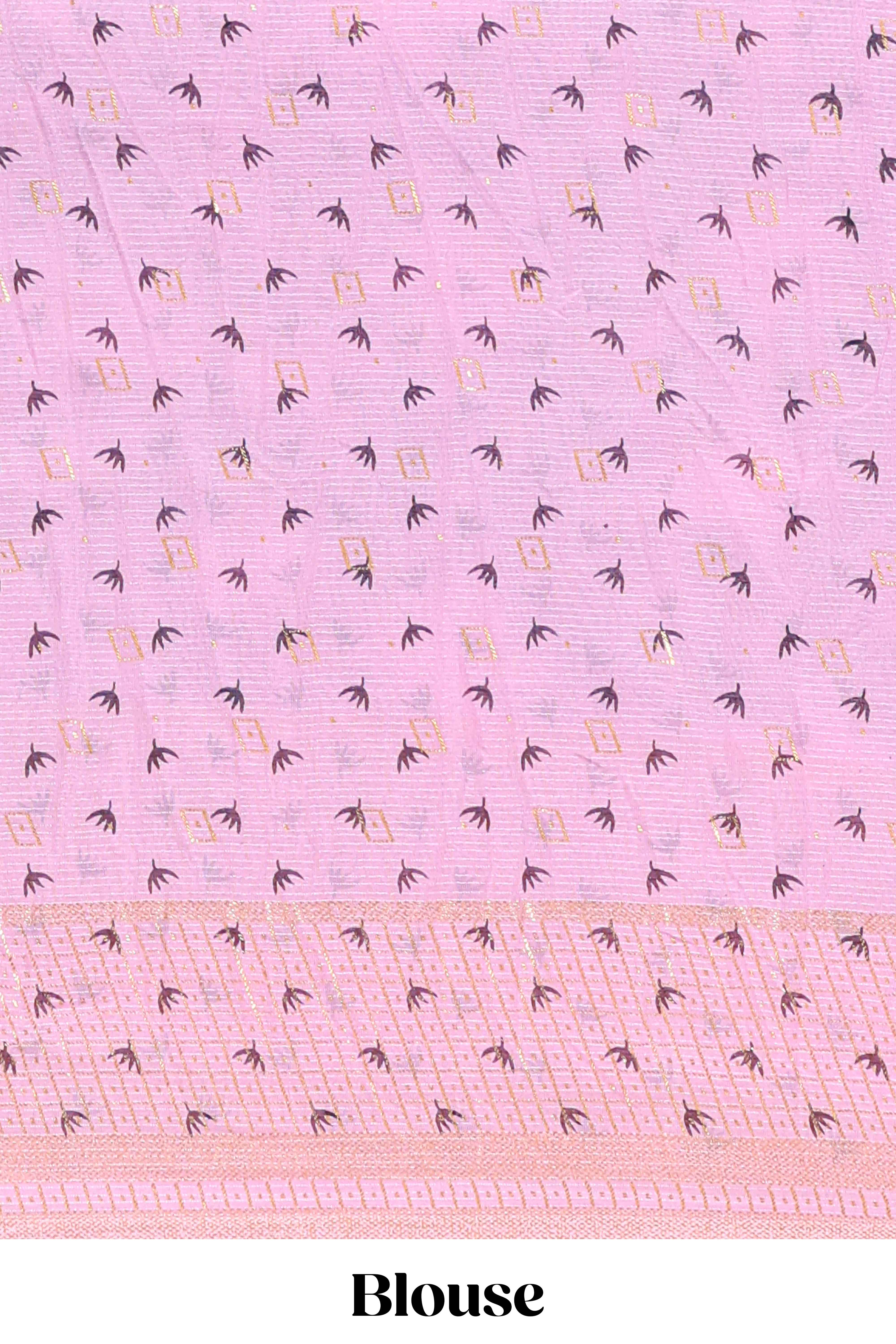 Black and pink checked floral motifs chiffon saree with self zari border and contrast blouse