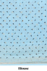 Blackwith blue checked floral motifs chiffon saree with self zari border and contrast blouse