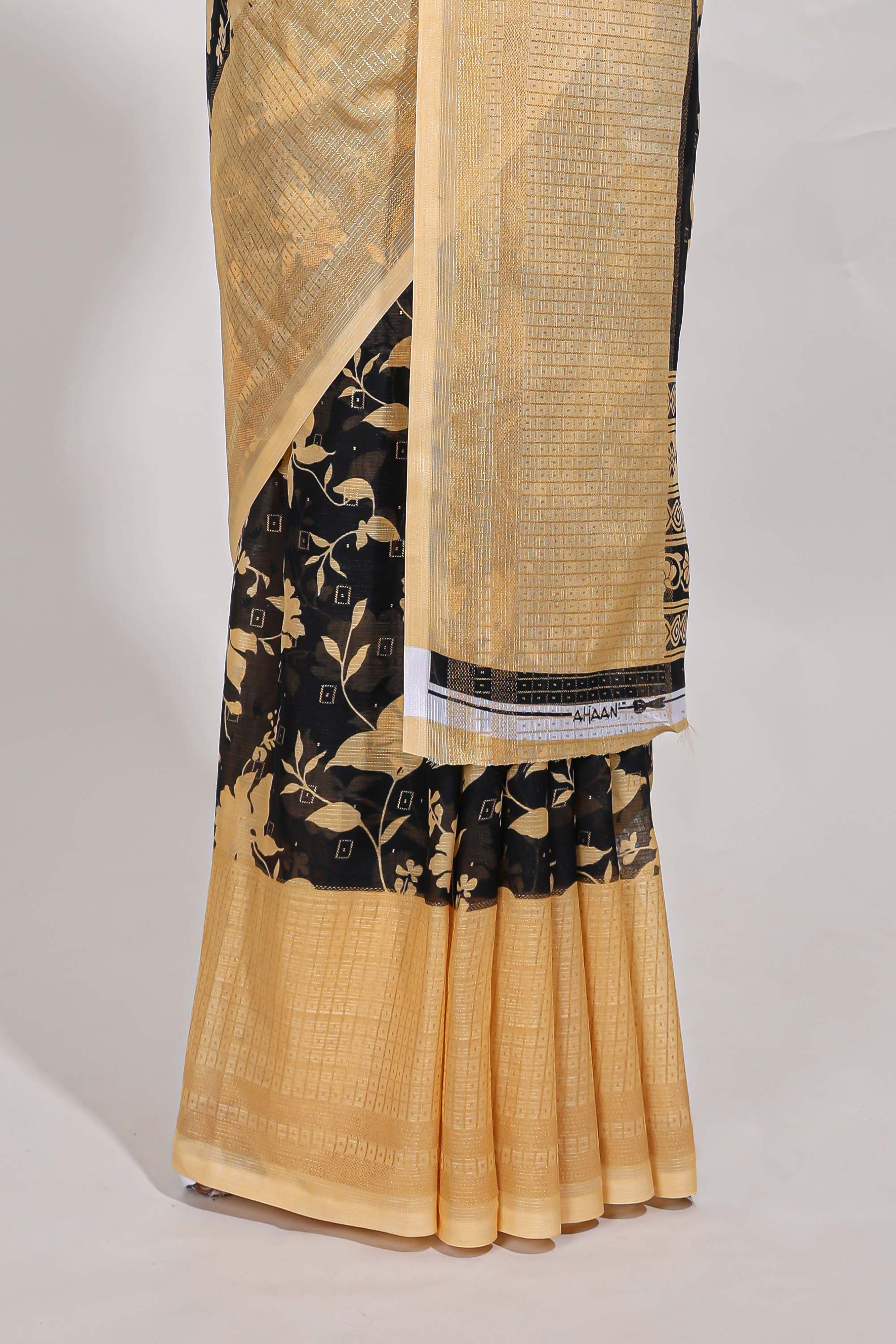 Blackwith cream checked floral motifs chiffon saree with self zari border and contrast blouse
