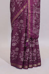 Deep plum checked with floral motifs chiffon saree with self zari border and matching blouse