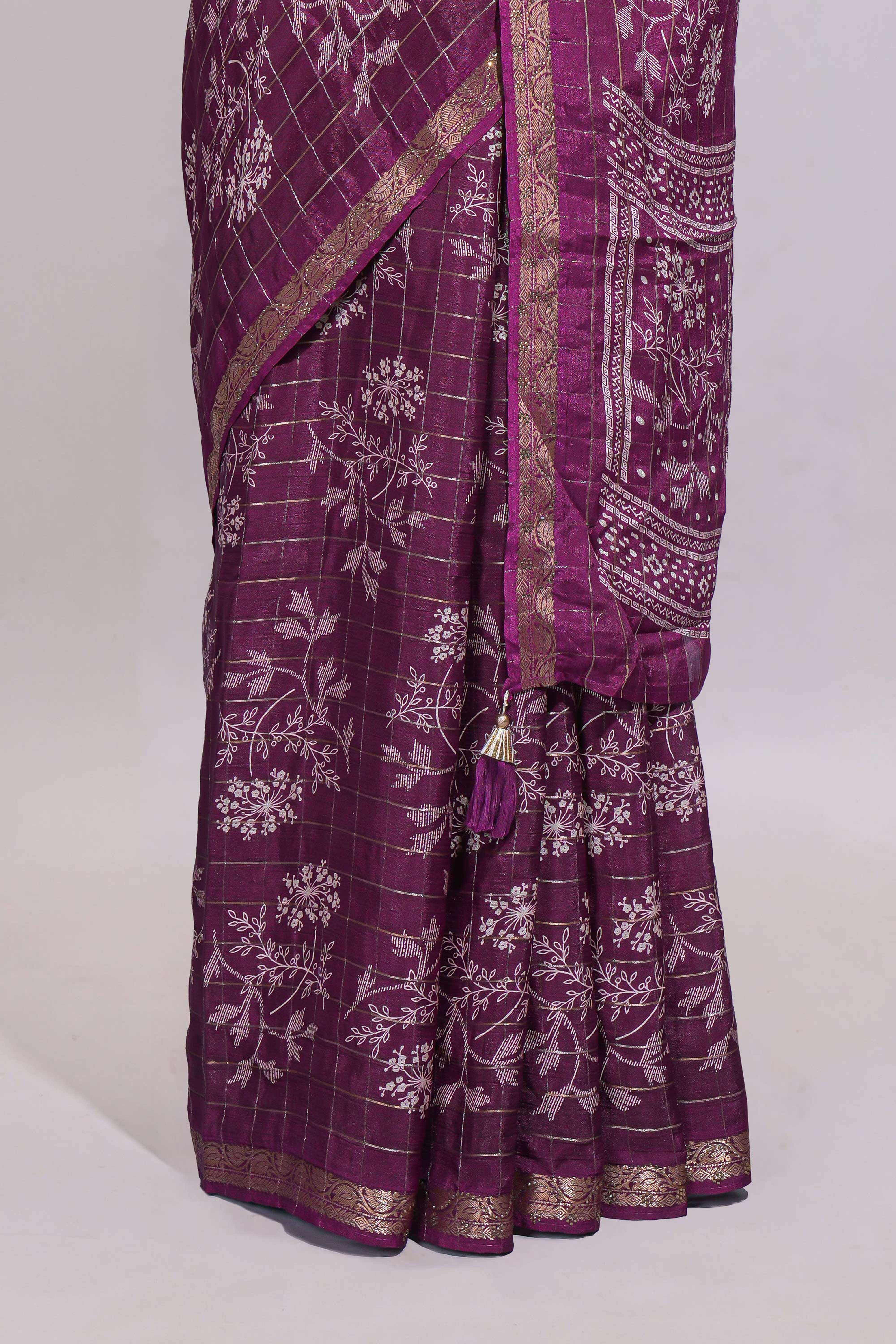 Deep plum checked with floral motifs chiffon saree with self zari border and matching blouse