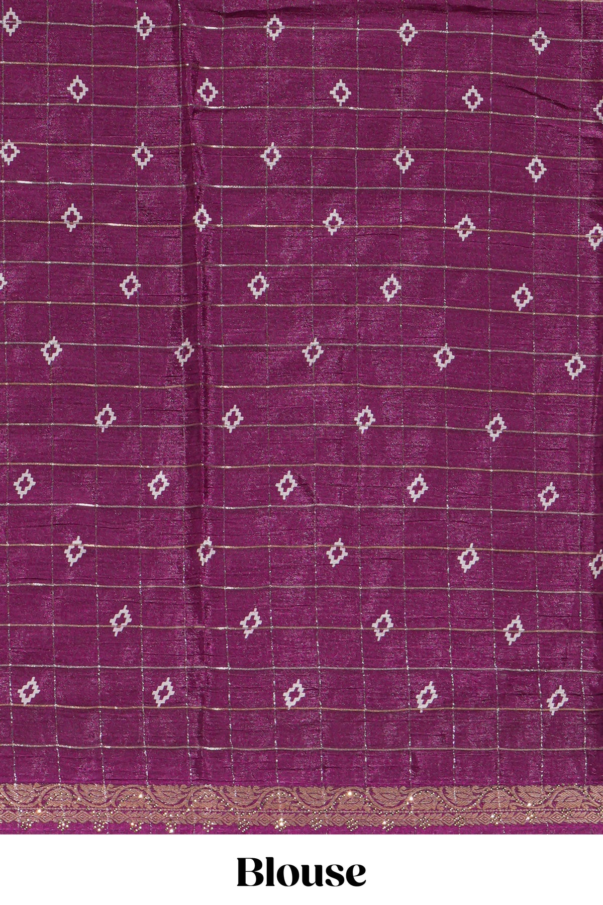 Deep plum checked with floral motifs chiffon saree with self zari border and matching blouse