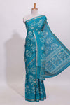 Teal blue checked with floral motifs chiffon saree with self zari border and matching blouse