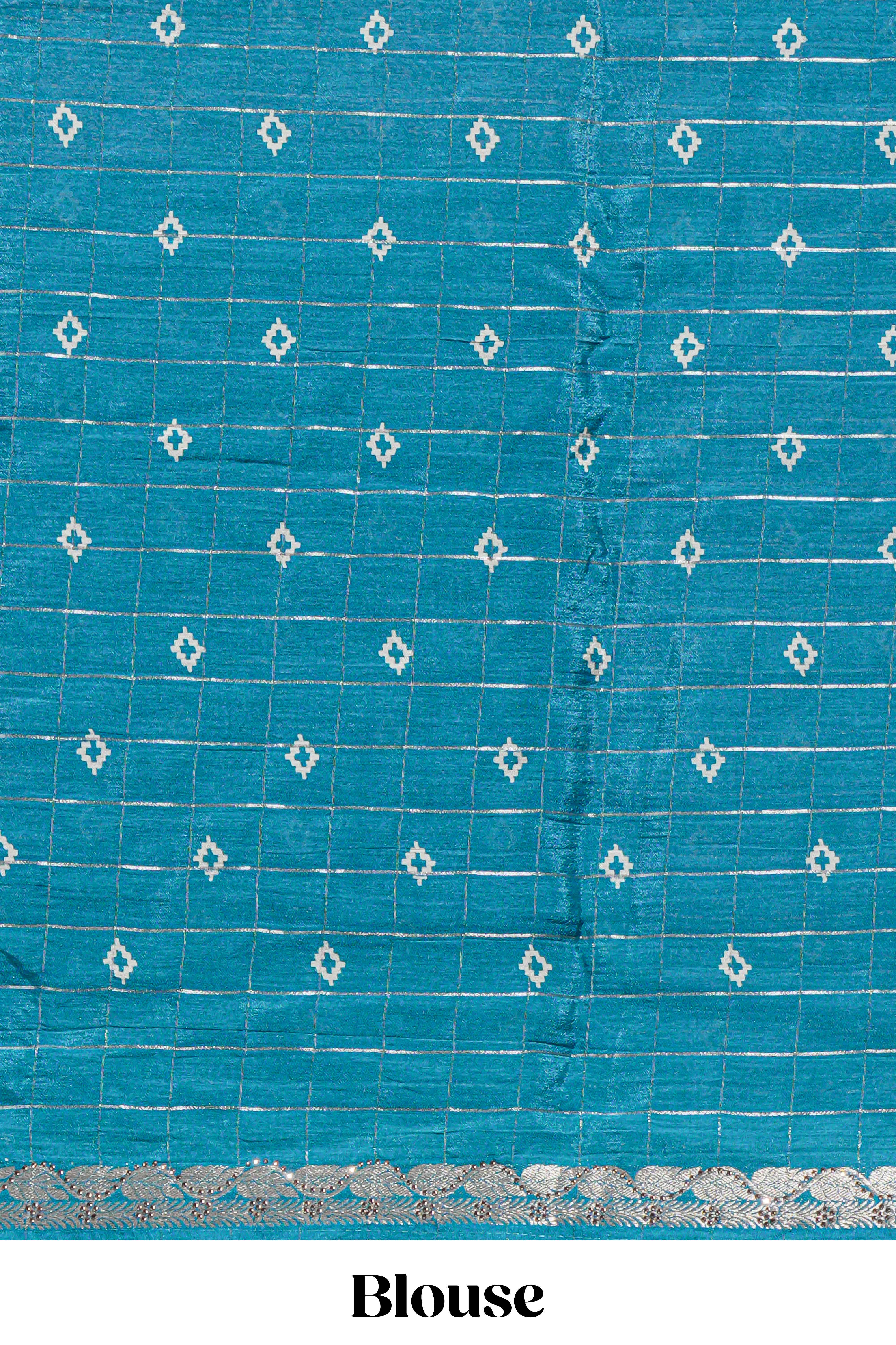 Teal blue checked with floral motifs chiffon saree with self zari border and matching blouse