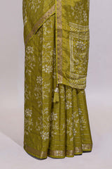 Olive green checked with floral motifs chiffon saree with self zari border and matching blouse