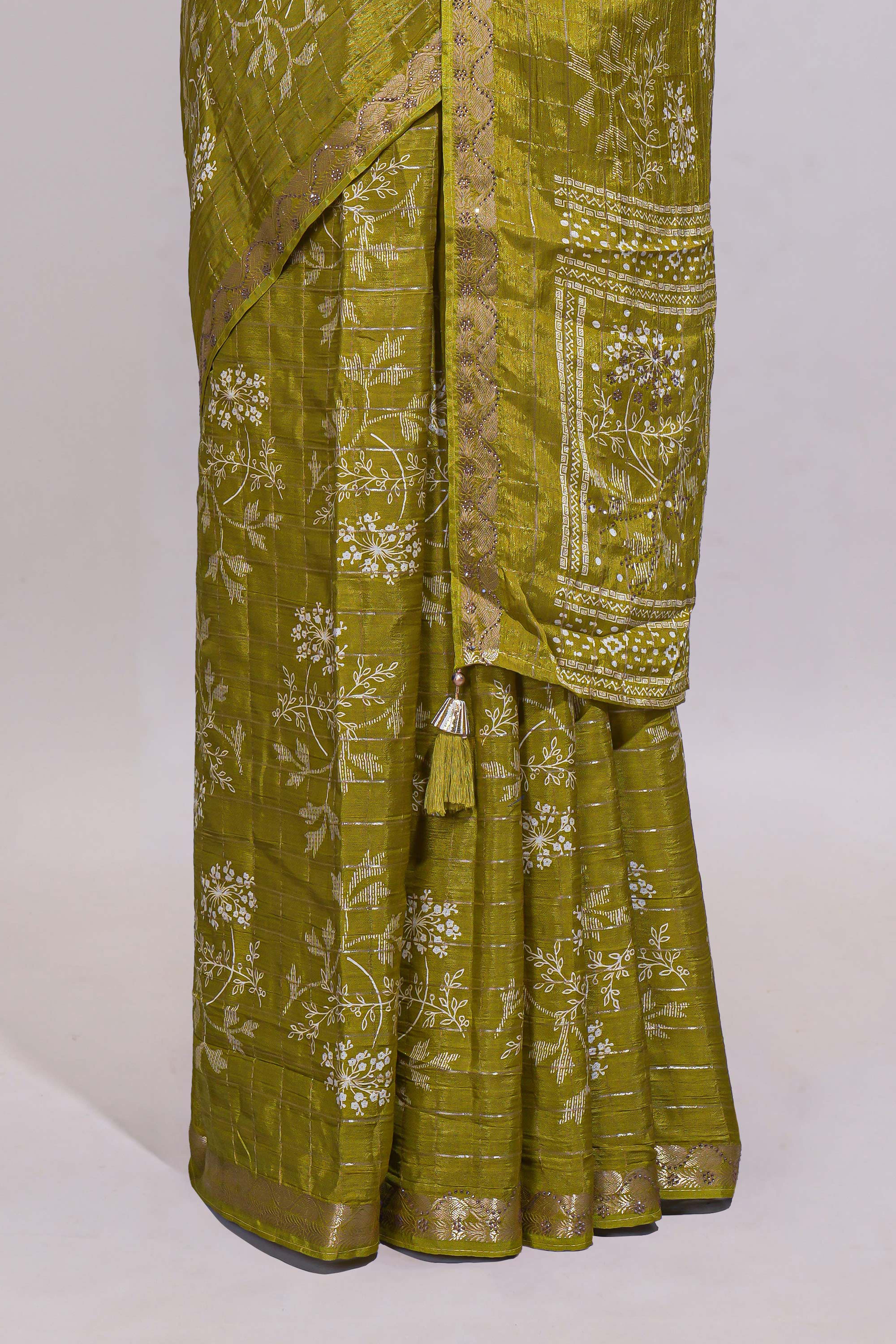 Olive green checked with floral motifs chiffon saree with self zari border and matching blouse