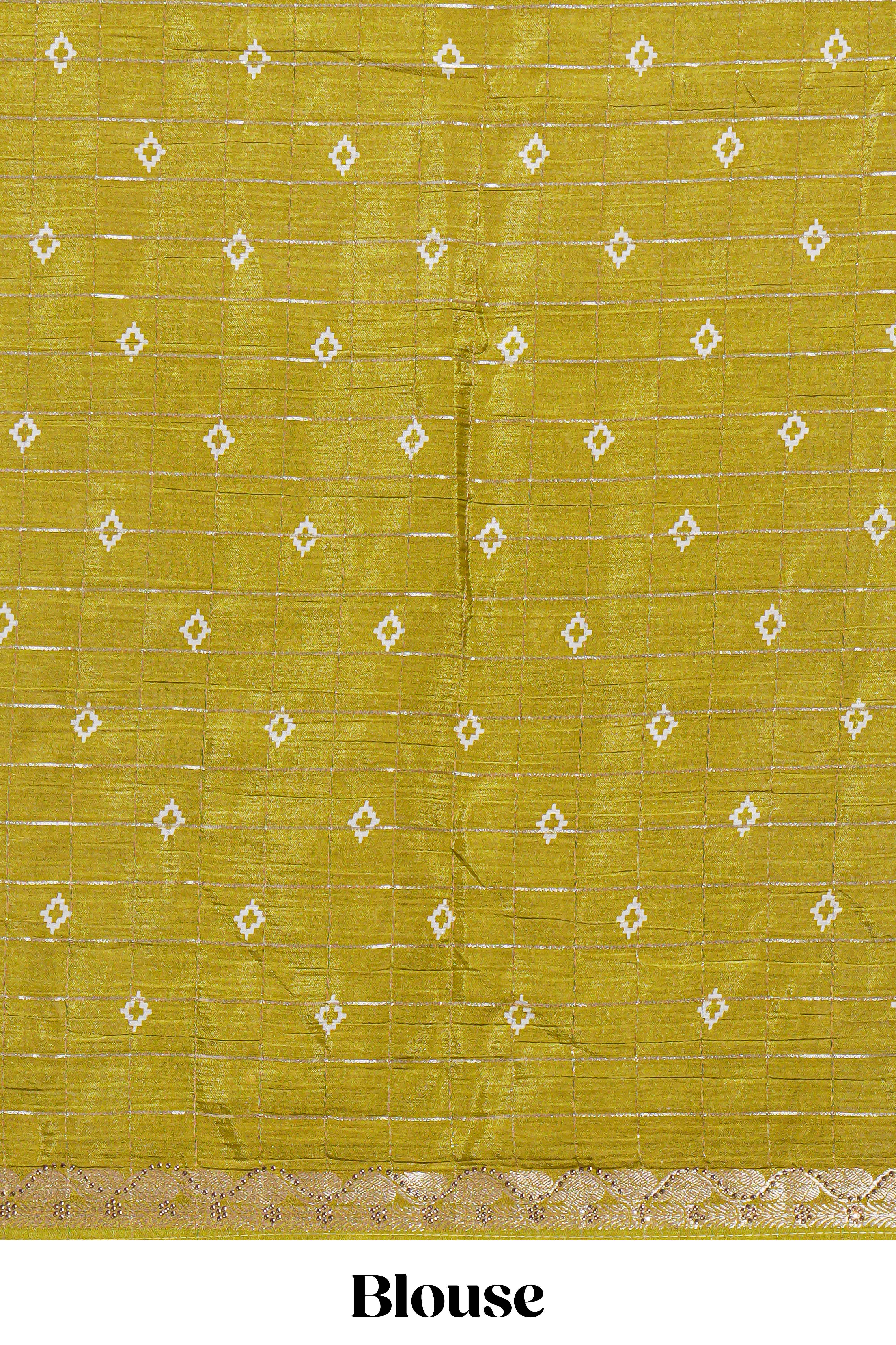 Olive green checked with floral motifs chiffon saree with self zari border and matching blouse