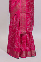 Pink floral designed chiffon saree with self zari border and matching blouse