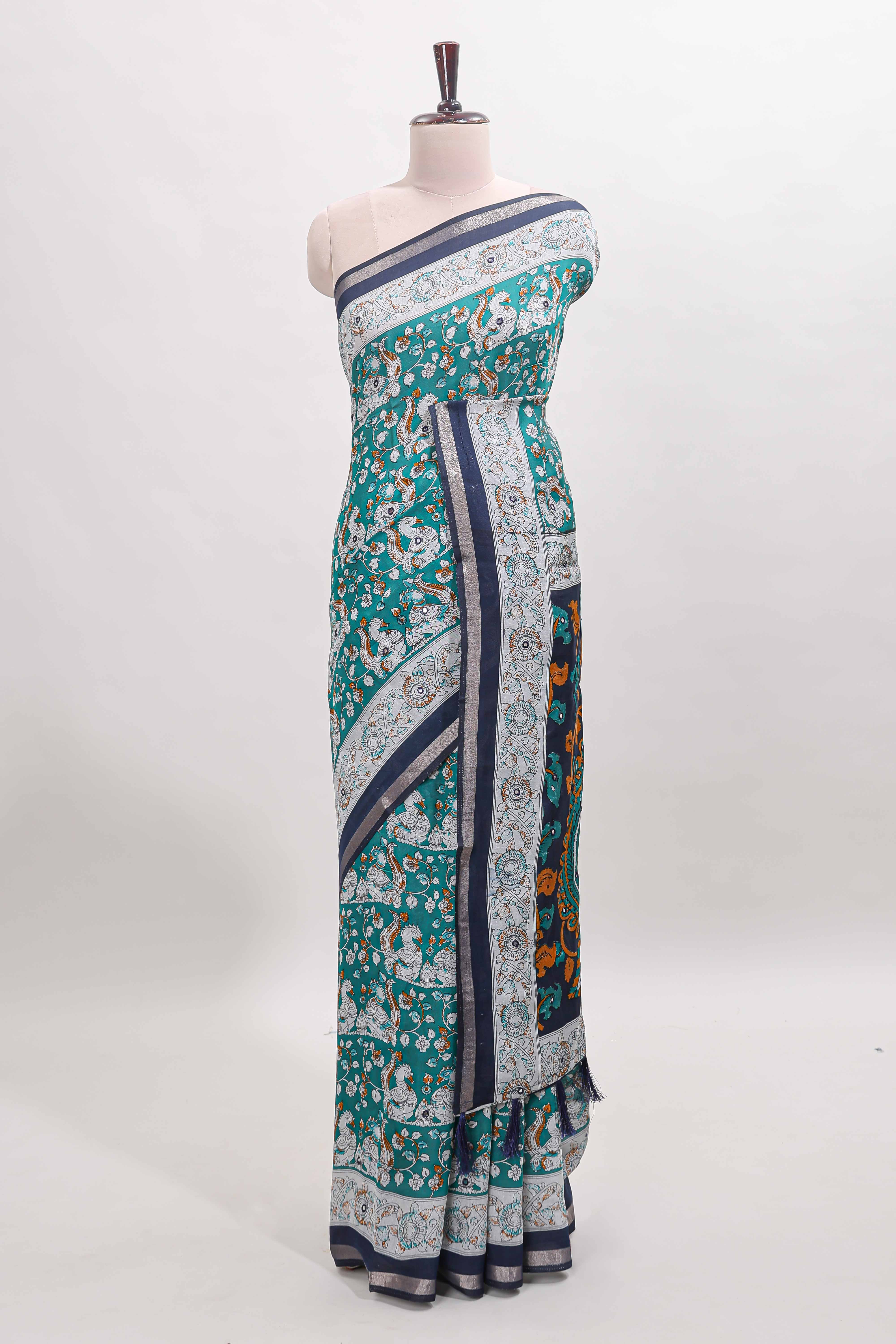 Turquoise green kalamkari style chanderi cotton saree with contrast border and blouse
