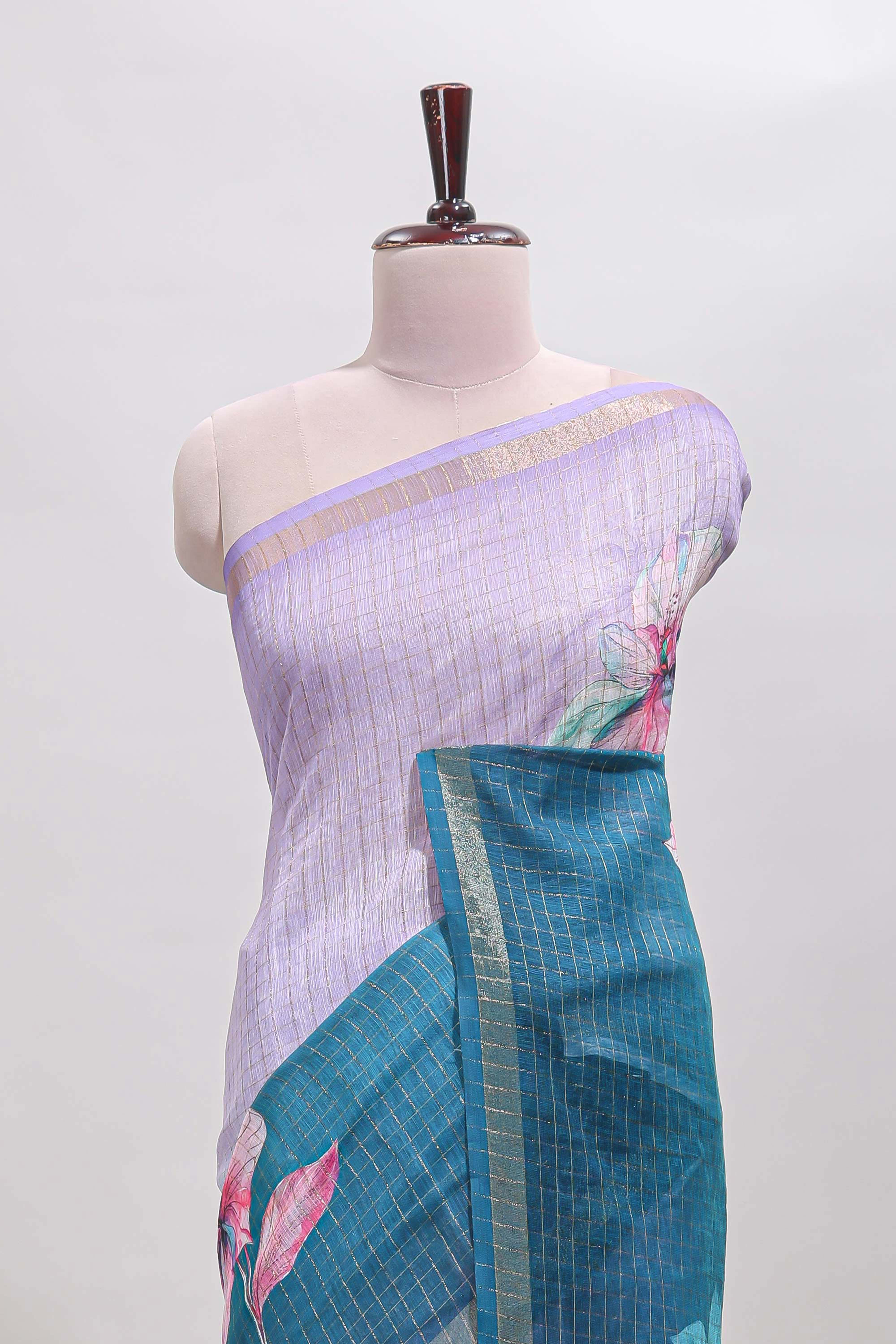 Lavender & green dual shade checked floral design chanderi cotton saree with self zari border and matching blouse