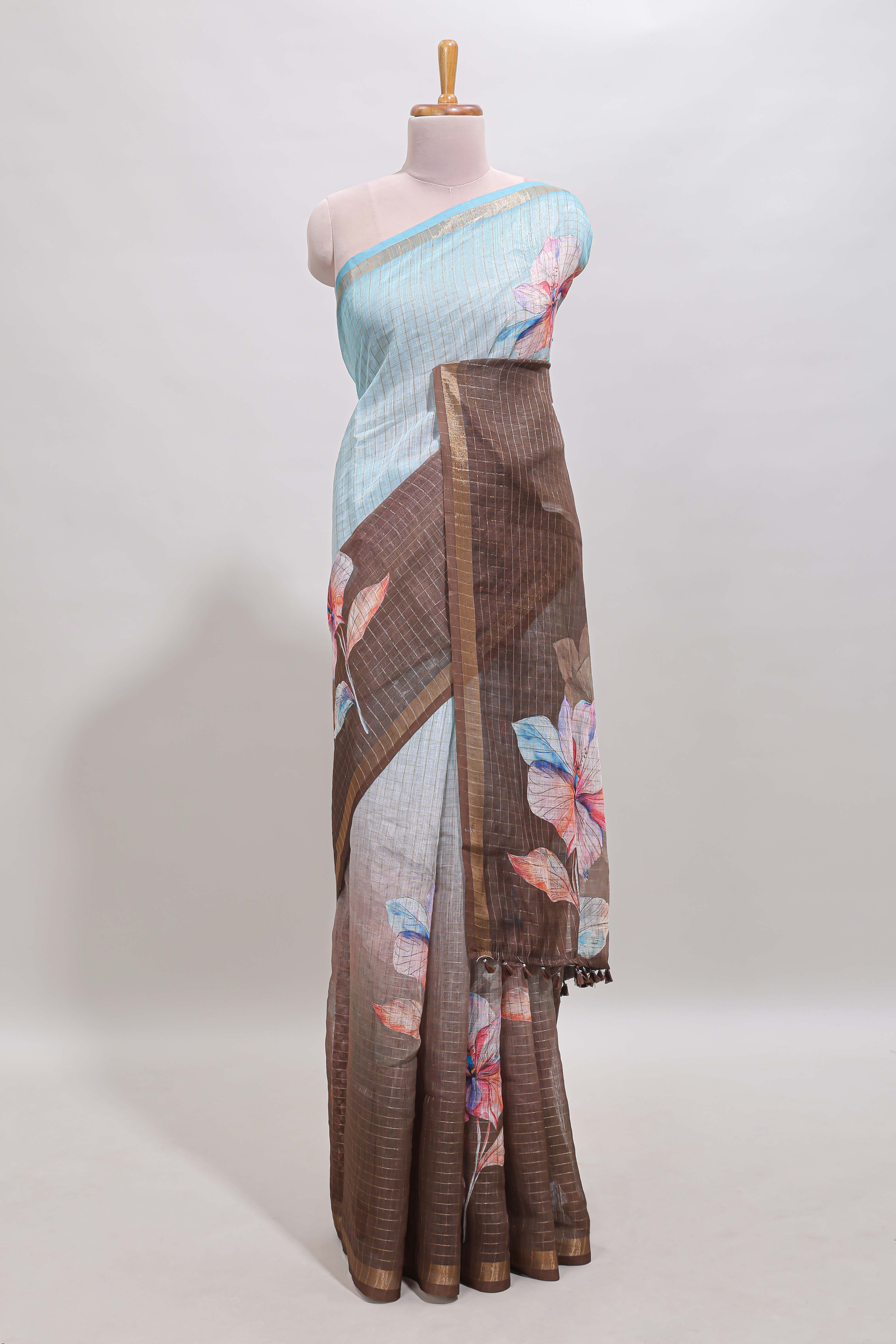 Blue & brown dual shade checked floral design chanderi cotton saree with self zari border and matching blouse