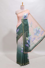 Peach & brown dual shade checked floral design chanderi cotton saree with self zari border and matching blouse
