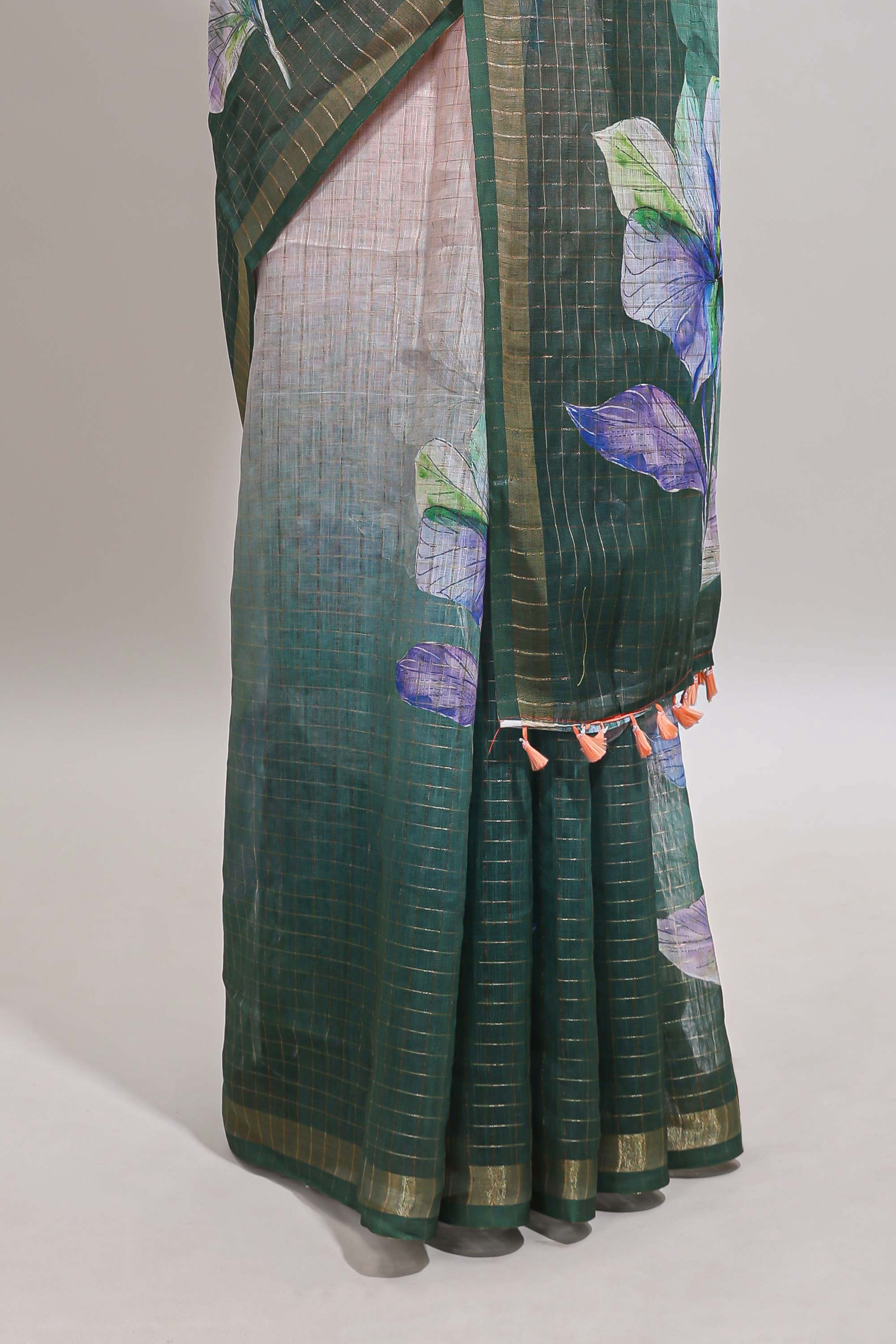 Peach & brown dual shade checked floral design chanderi cotton saree with self zari border and matching blouse