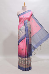 Pink striped floral buttas madhubani art design chanderi cotton saree with contrast border and blouse