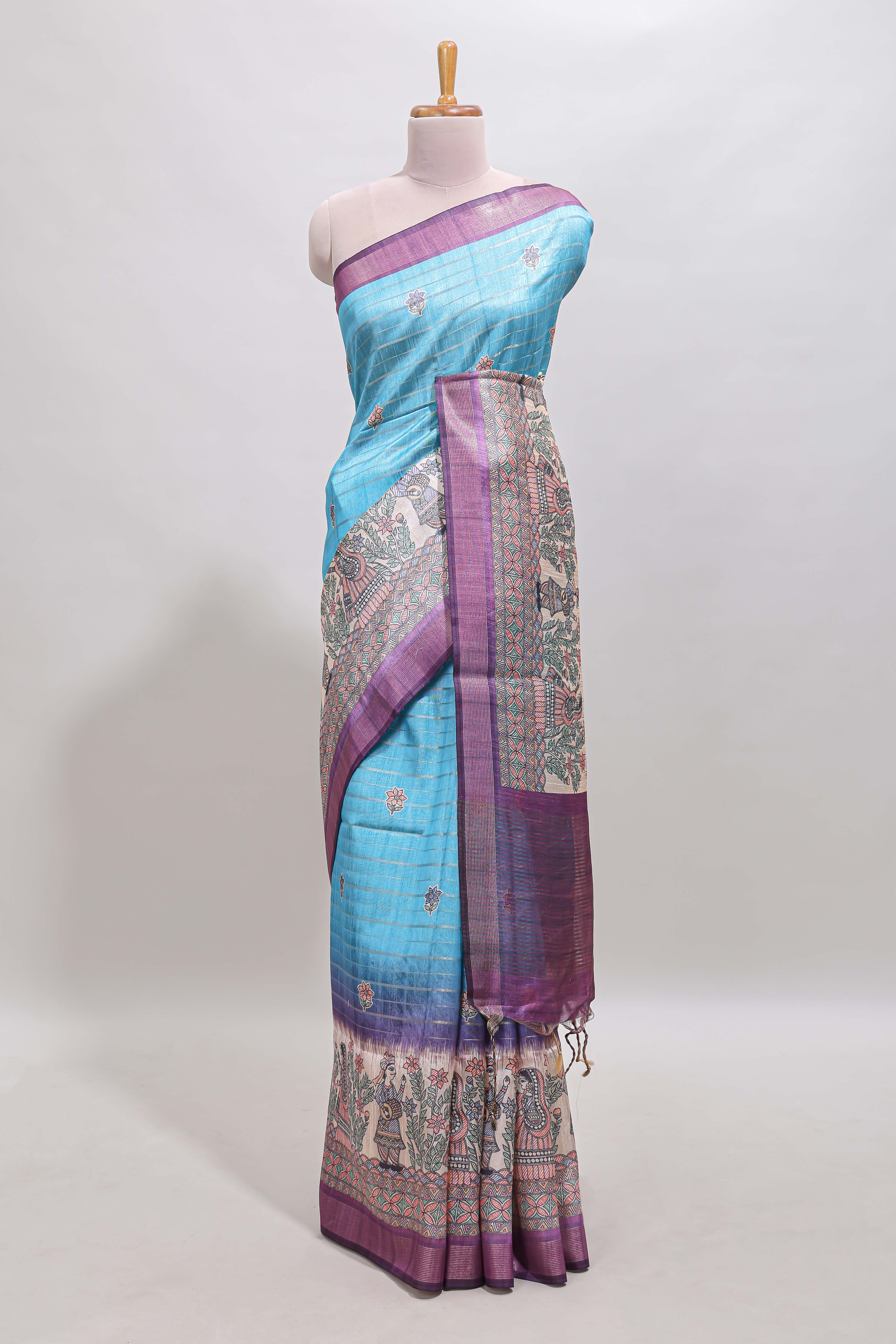 Blue striped floral buttas madhubani art design chanderi cotton saree with contrast border and blouse