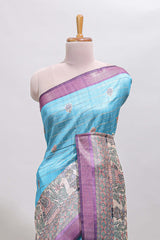 Blue striped floral buttas madhubani art design chanderi cotton saree with contrast border and blouse