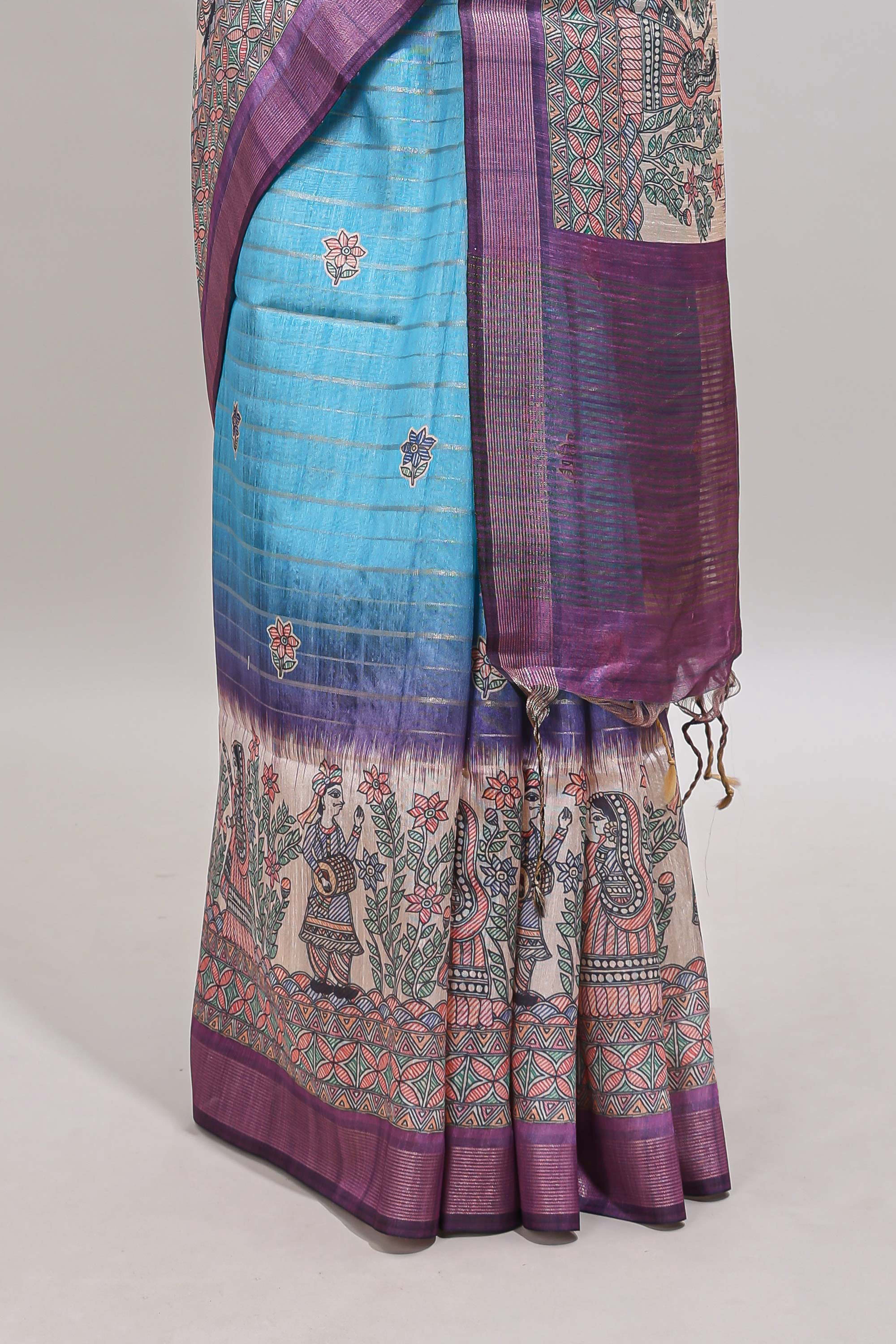 Blue striped floral buttas madhubani art design chanderi cotton saree with contrast border and blouse