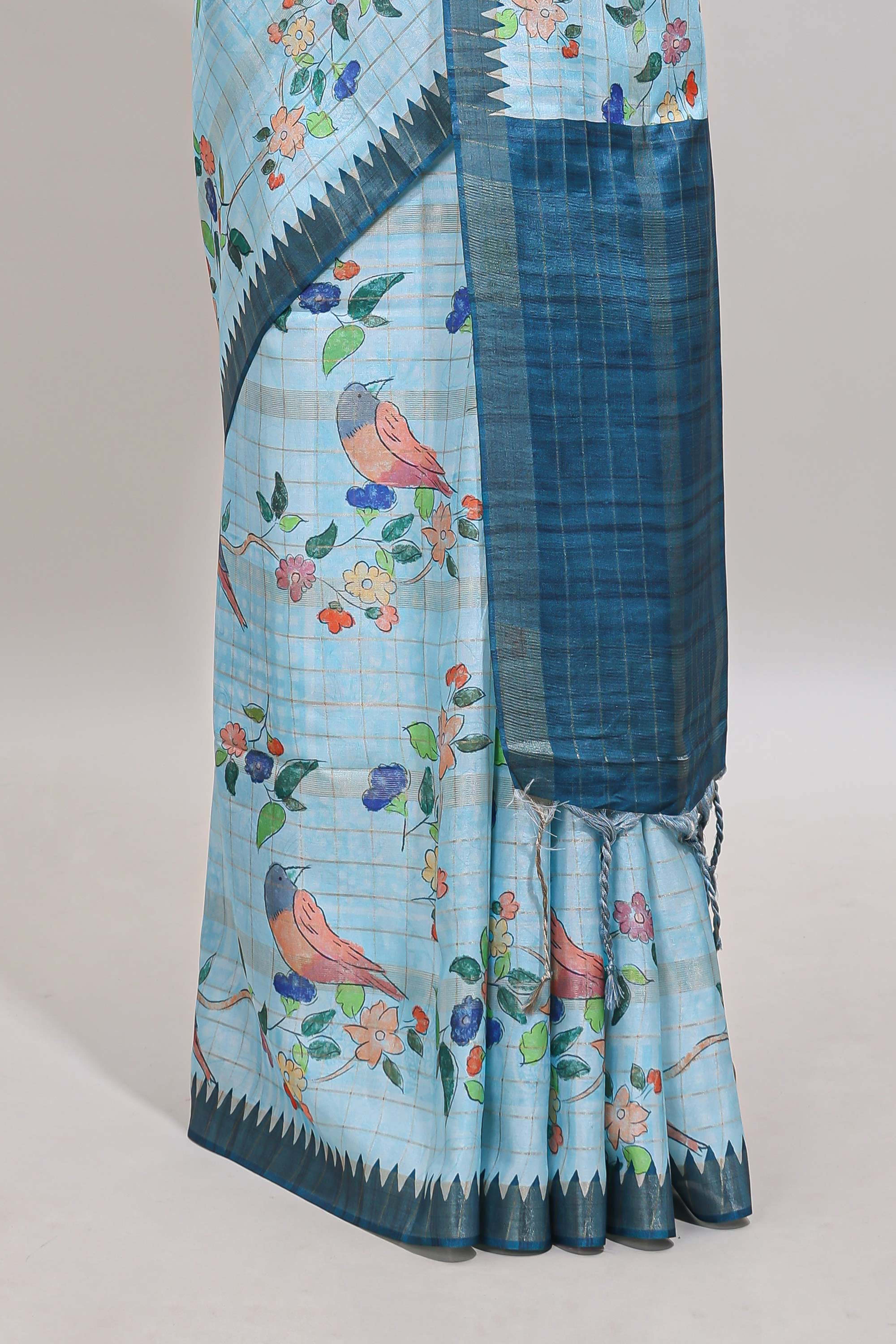 Blue checked birds & floral design chanderi cotton saree with contrast border and blouse