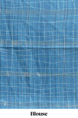 Blue checked birds & floral design chanderi cotton saree with contrast border and blouse