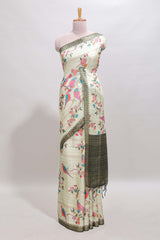 Green checked birds & floral design chanderi cotton saree with contrast border and blouse