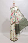 Green checked birds & floral design chanderi cotton saree with contrast border and blouse