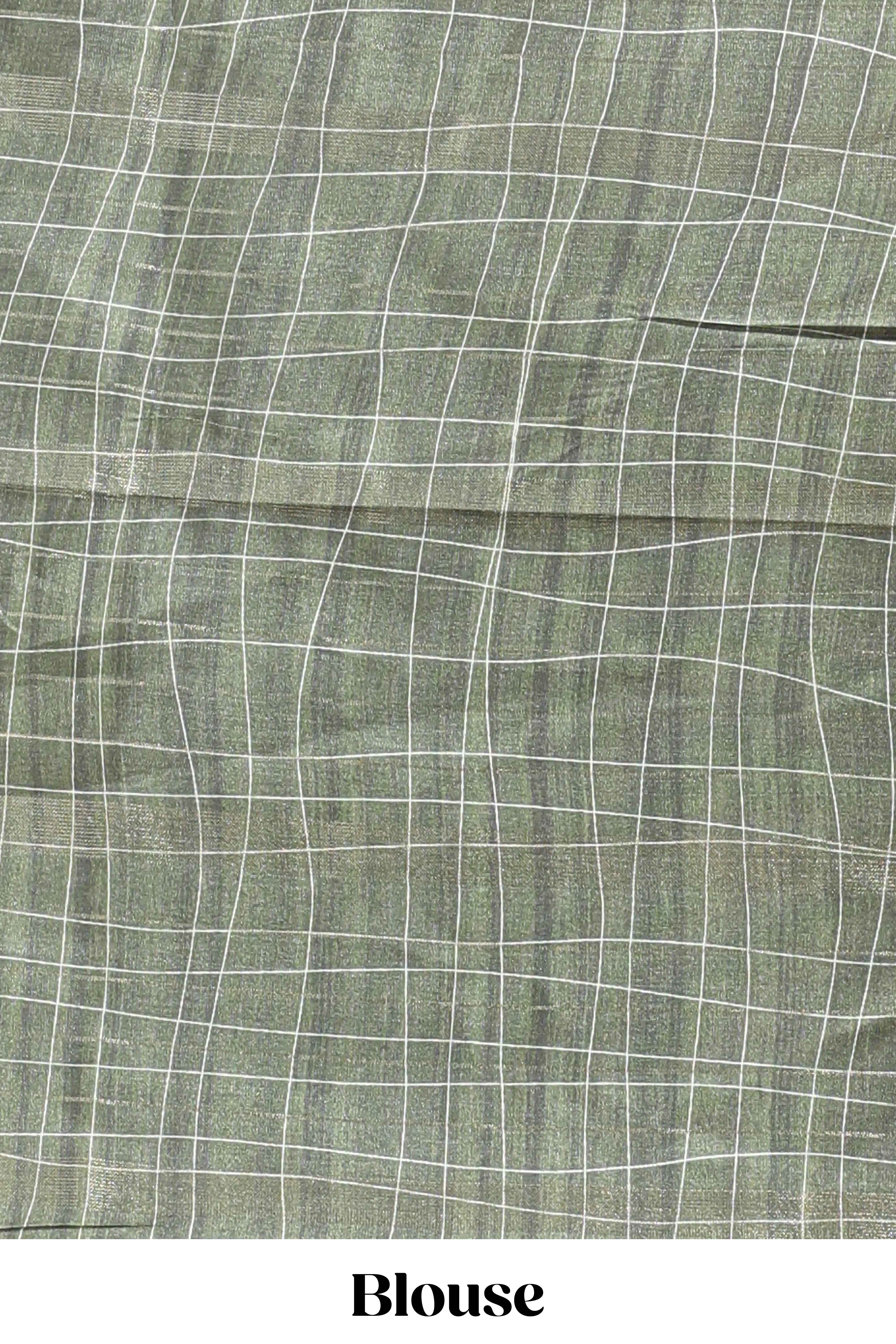 Green checked birds & floral design chanderi cotton saree with contrast border and blouse