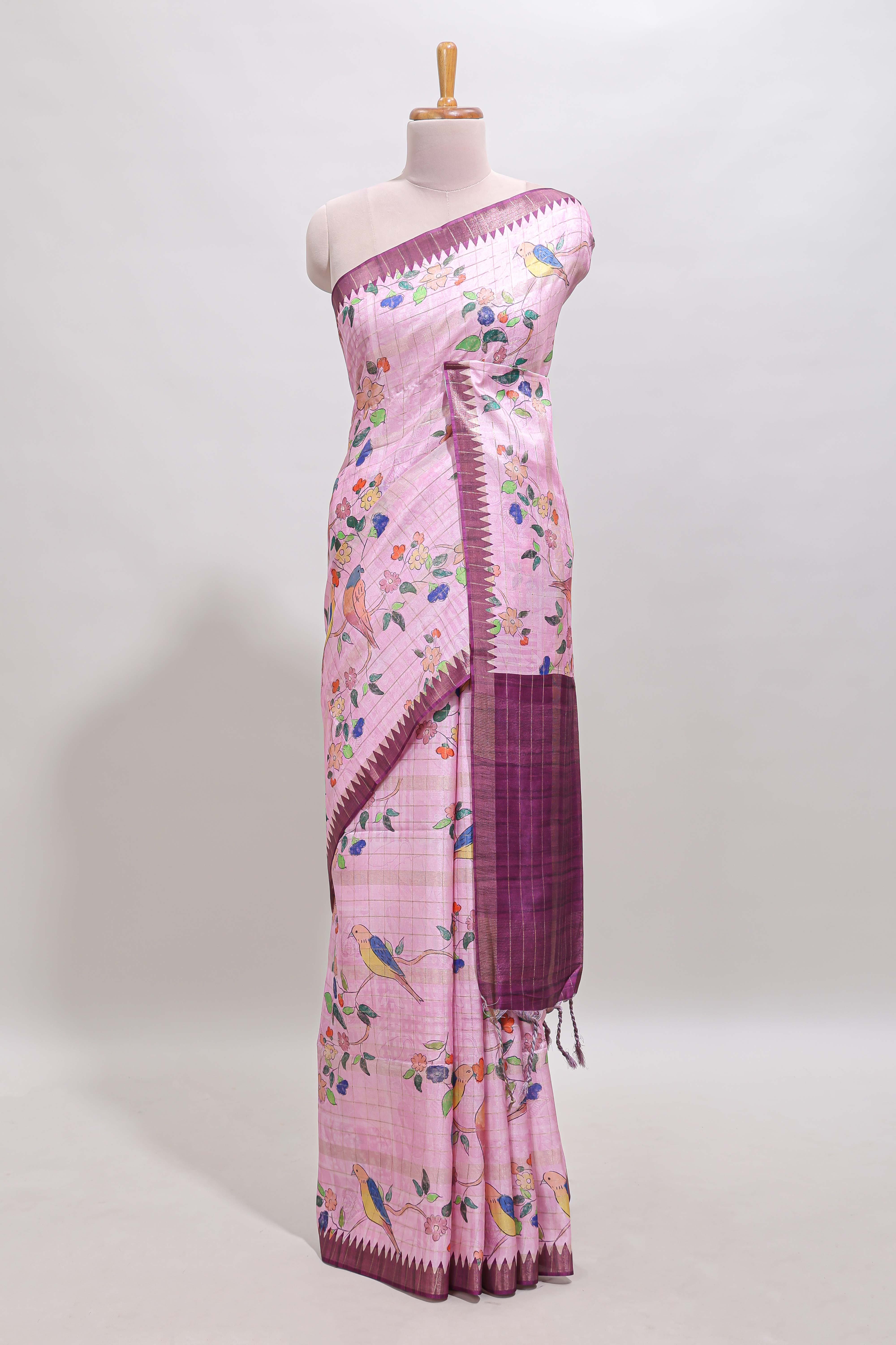 Pink checked birds & floral design chanderi cotton saree with contrast border and blouse