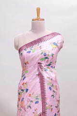 Pink checked birds & floral design chanderi cotton saree with contrast border and blouse
