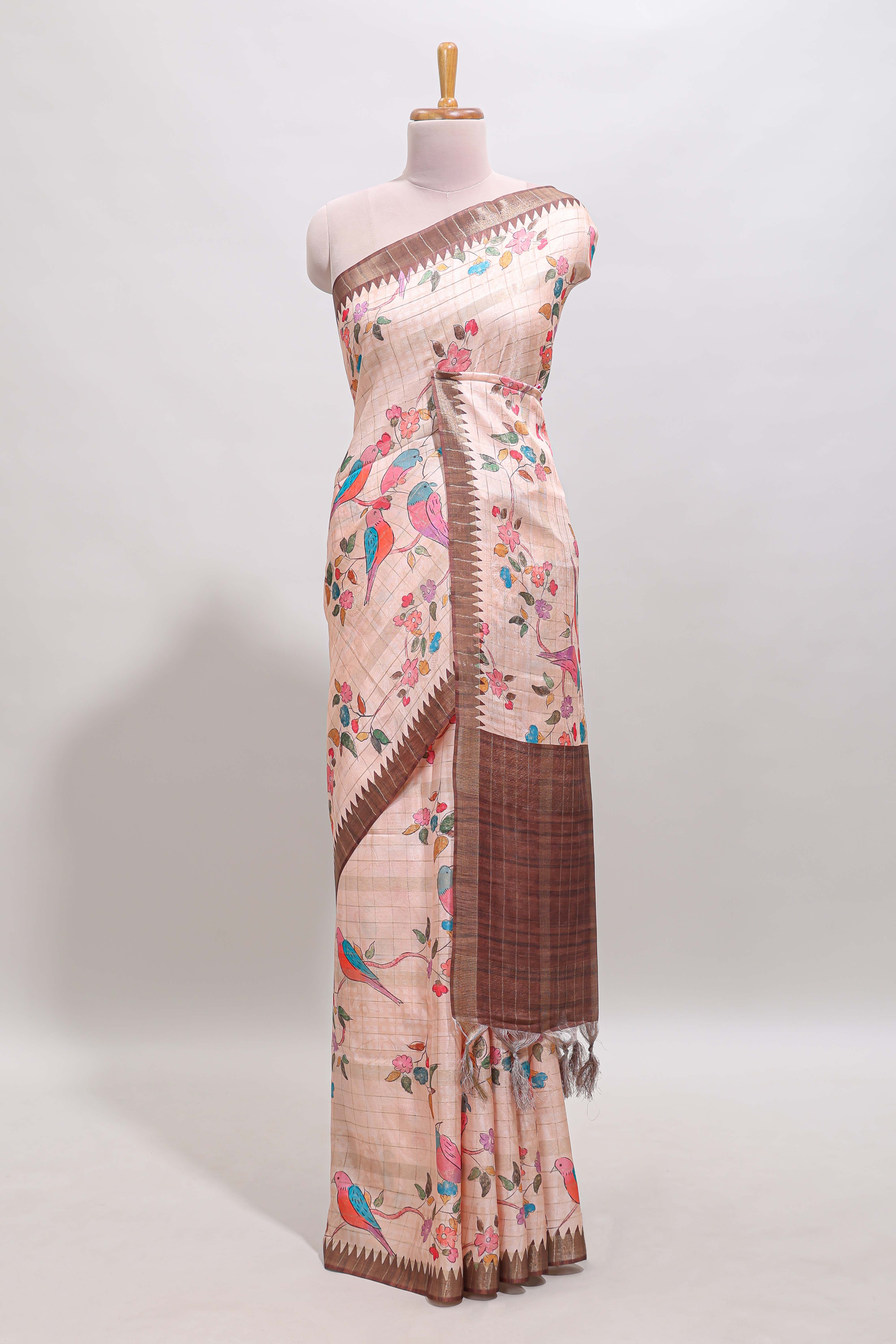 Brown checked birds & floral design chanderi cotton saree with contrast border and blouse