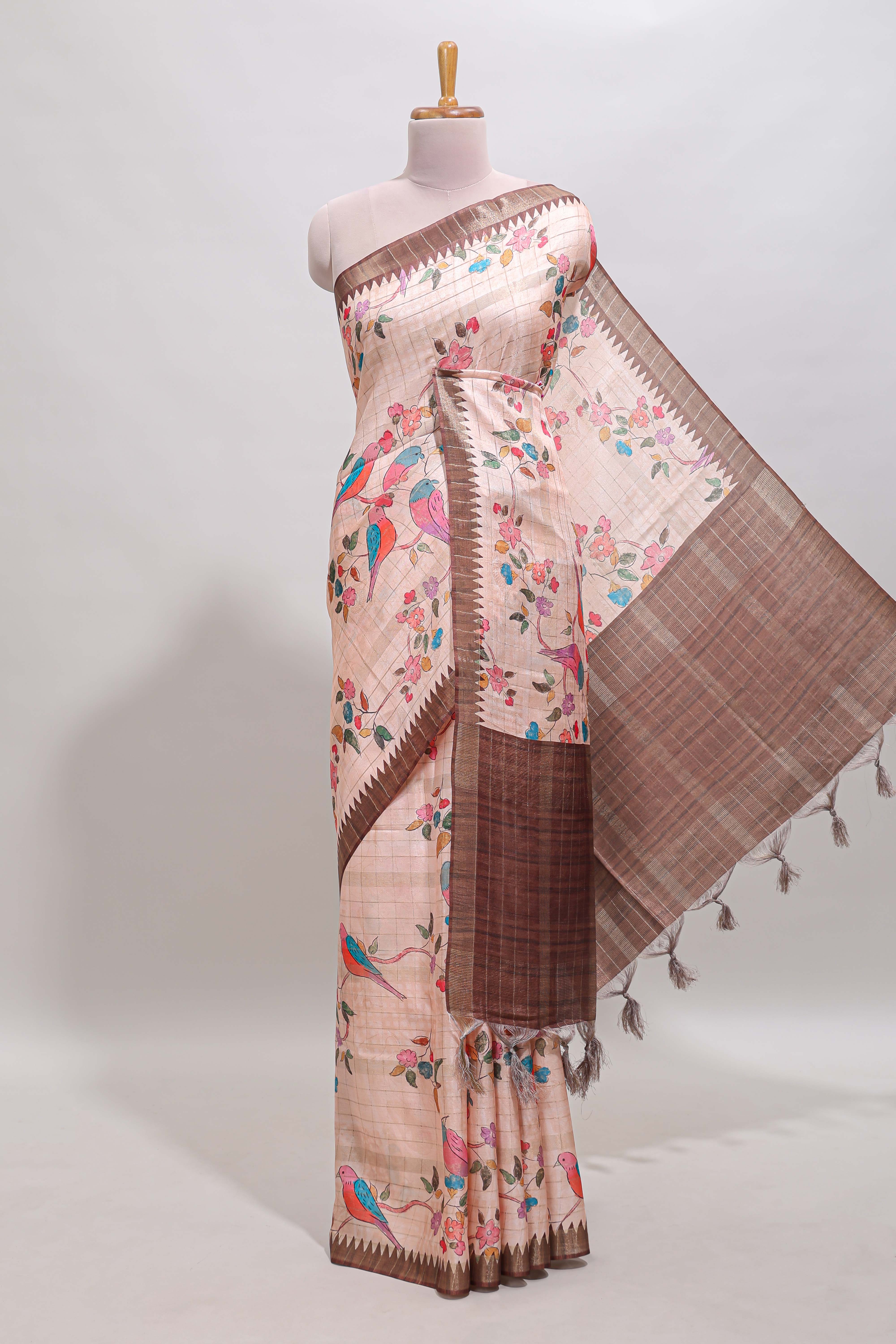 Brown checked birds & floral design chanderi cotton saree with contrast border and blouse