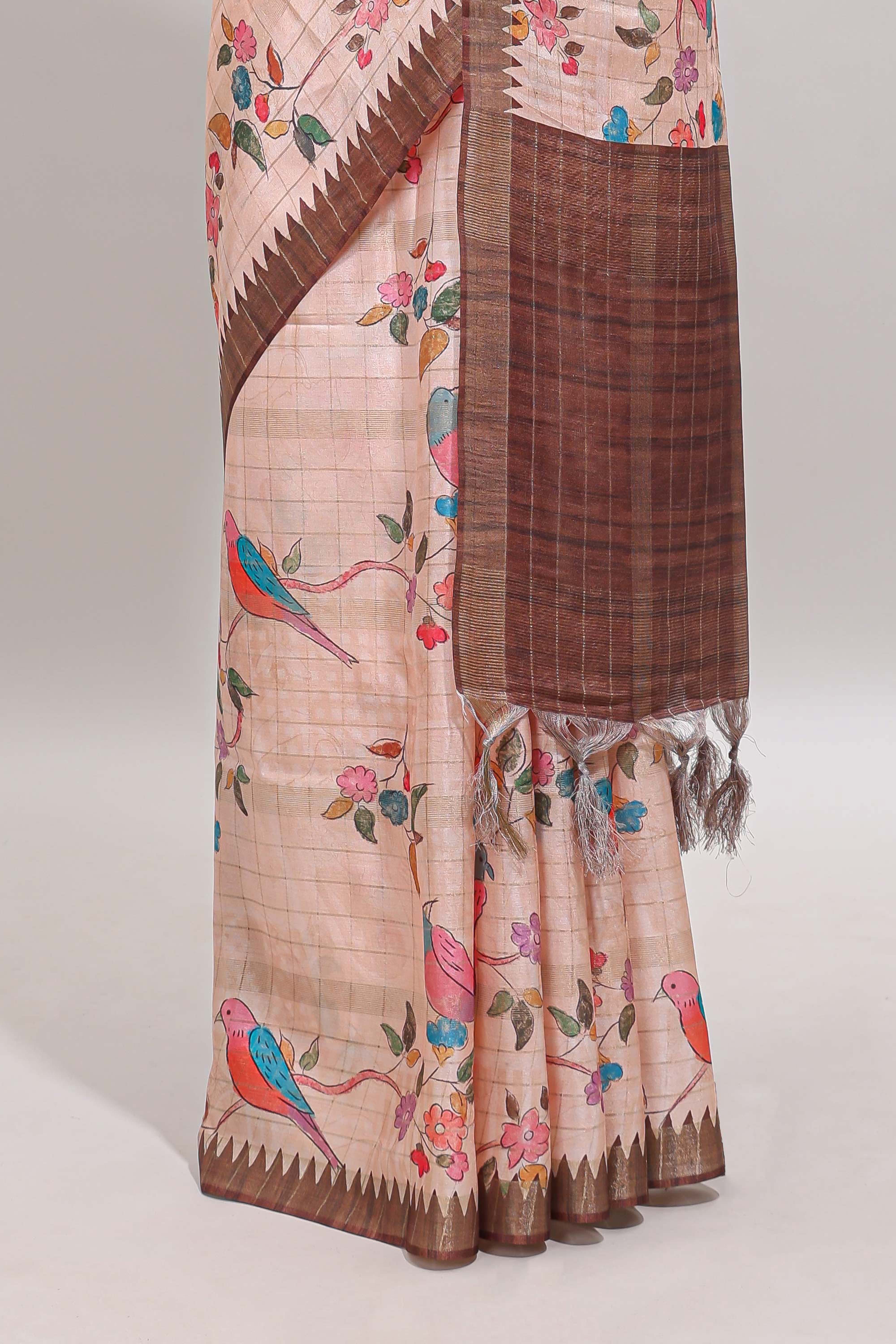 Brown checked birds & floral design chanderi cotton saree with contrast border and blouse
