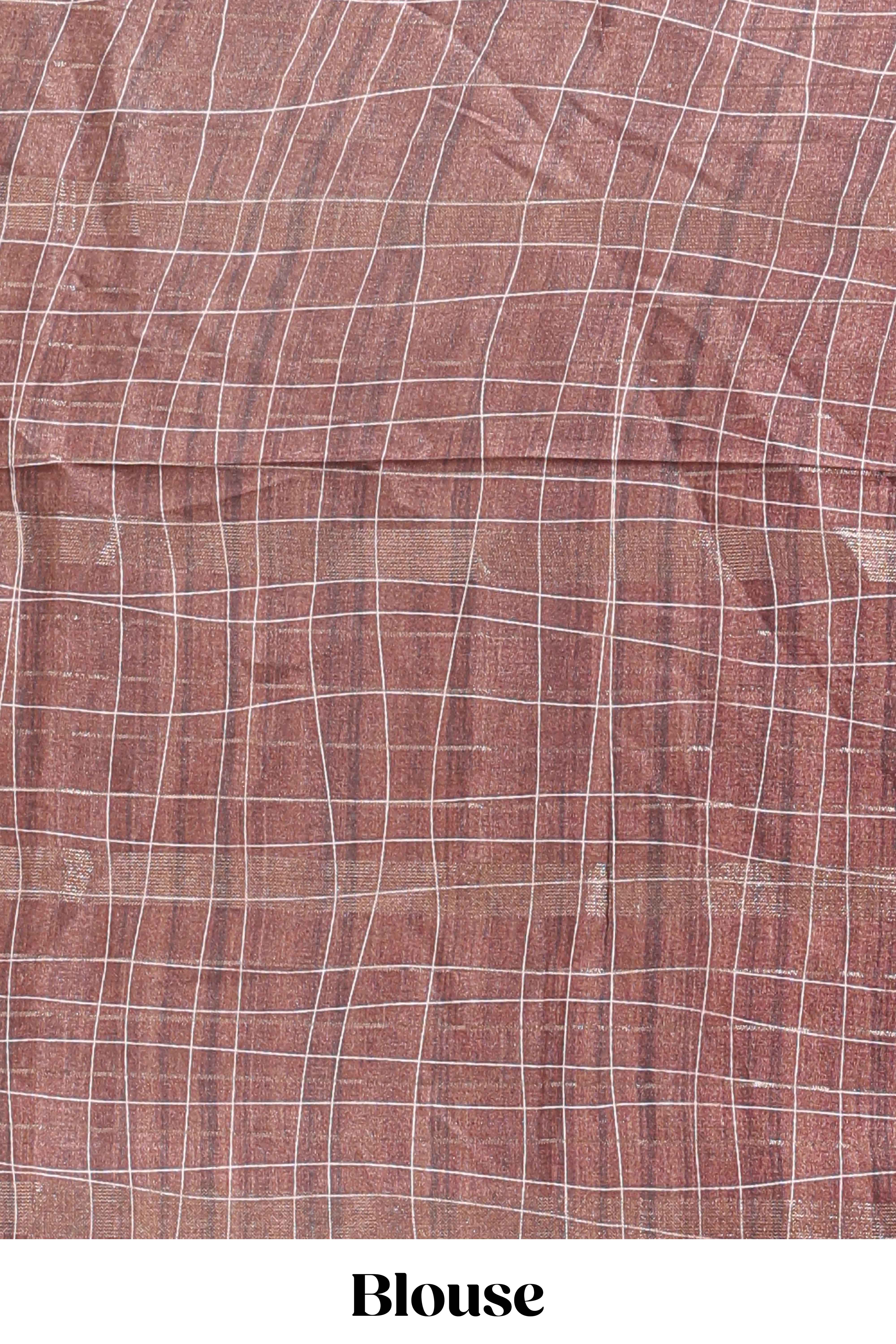 Brown checked birds & floral design chanderi cotton saree with contrast border and blouse