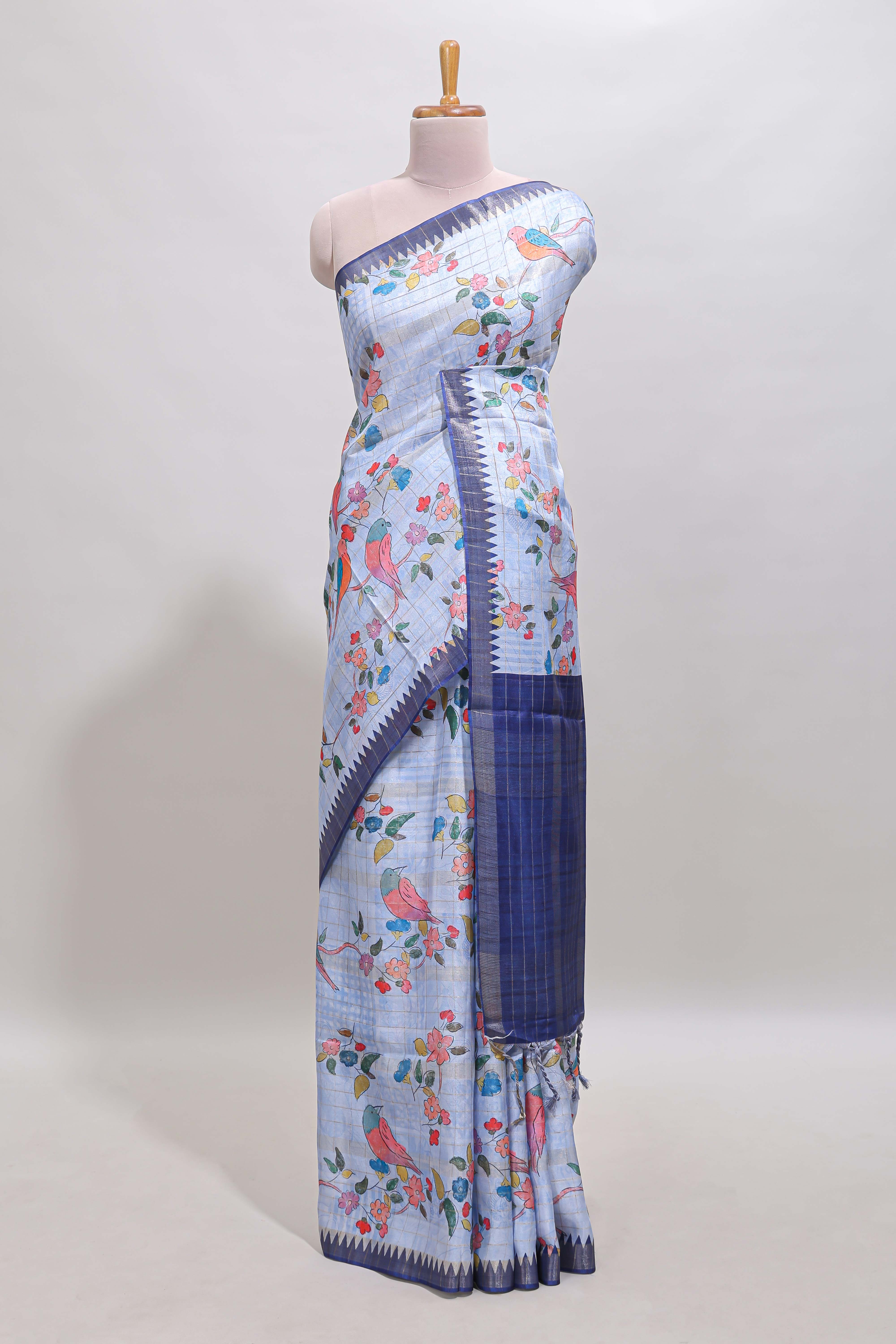 Lavender checked birds & floral design chanderi cotton saree with contrast border and blouse