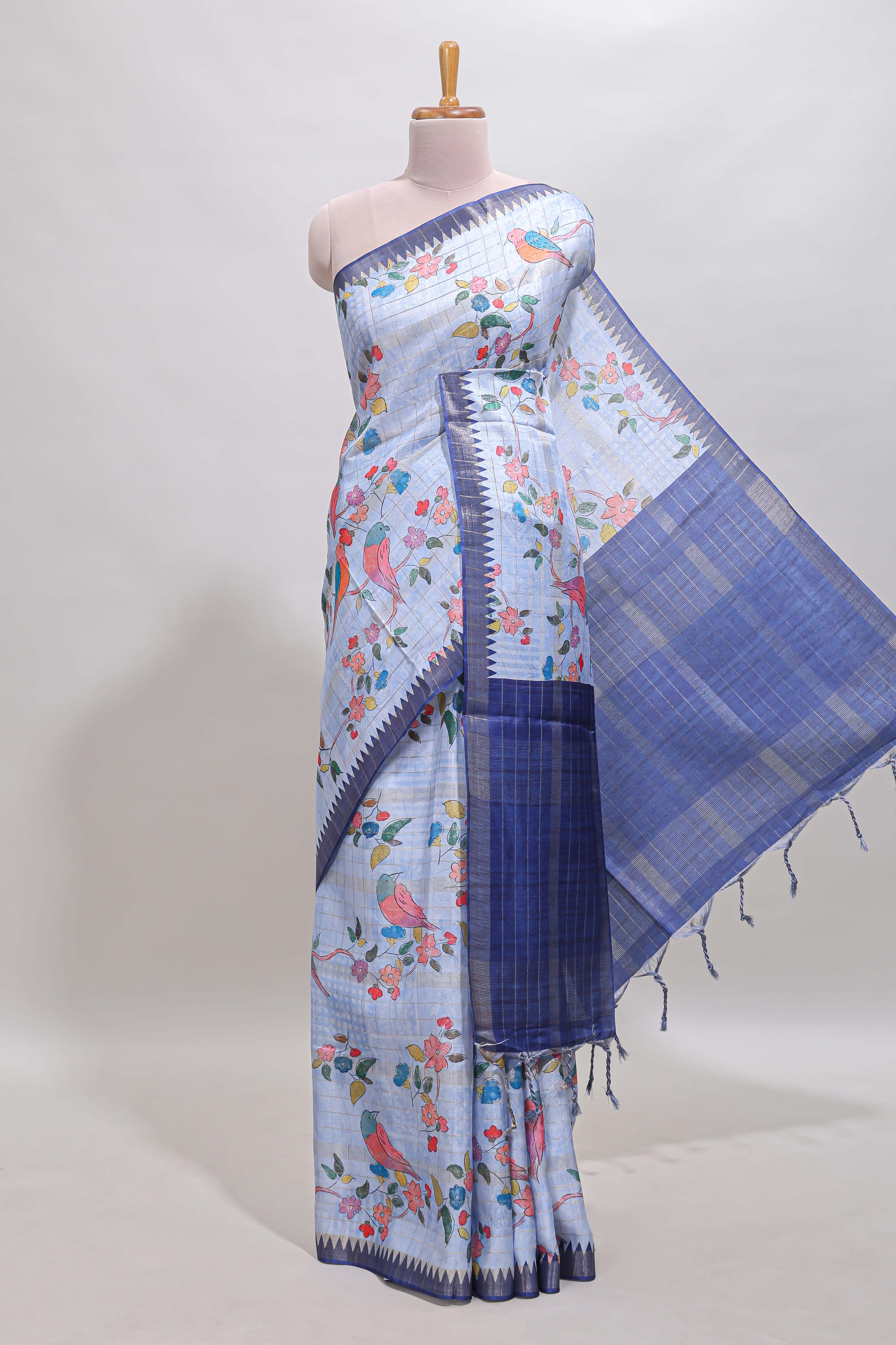 Lavender checked birds & floral design chanderi cotton saree with contrast border and blouse